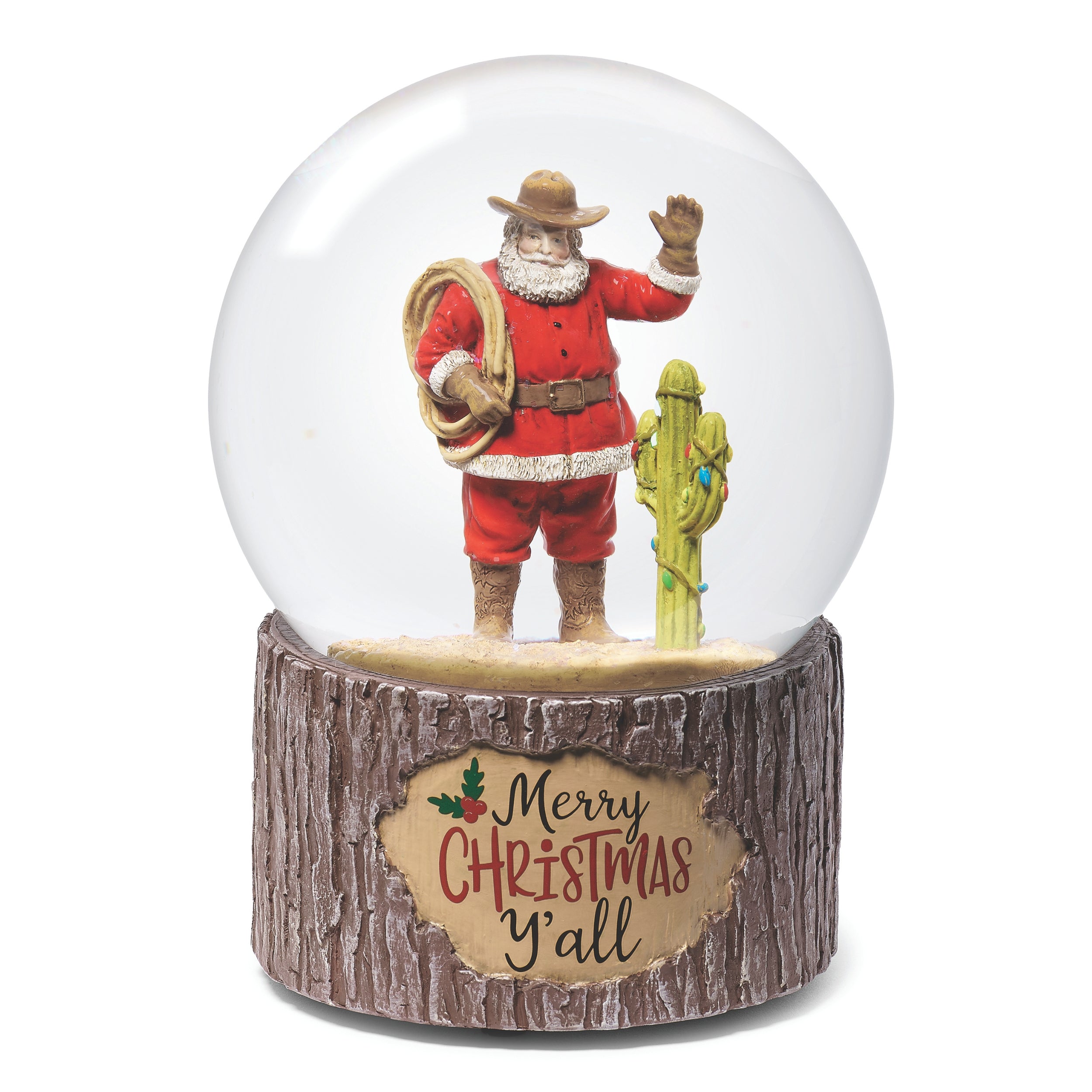 Snow globe with a cowboy Santa Claus figure and cactus on a wooden base with 'Merry Christmas Y'all' text.