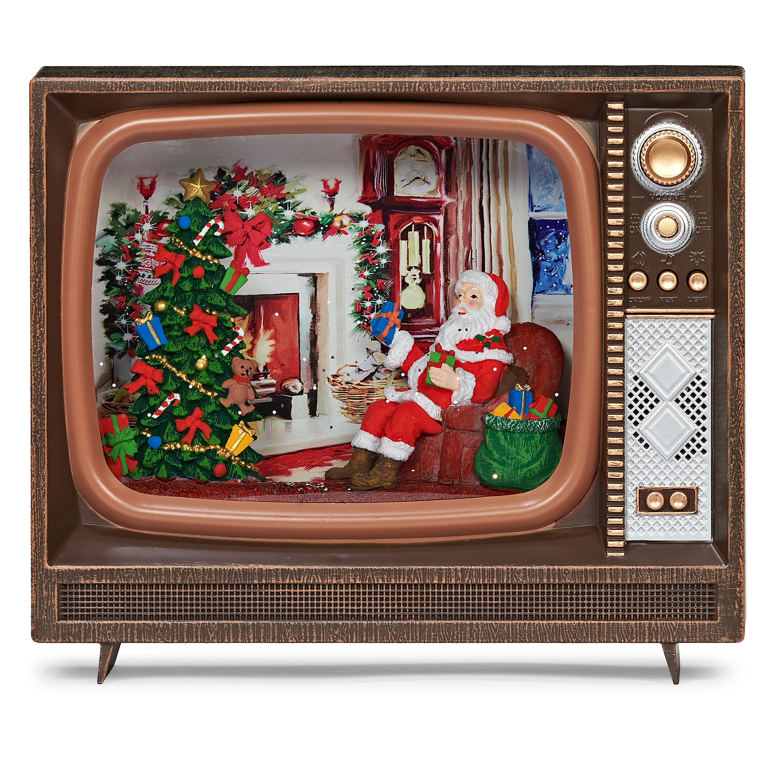 Vintage television set displaying a Christmas scene with Santa Claus and a decorated tree.
