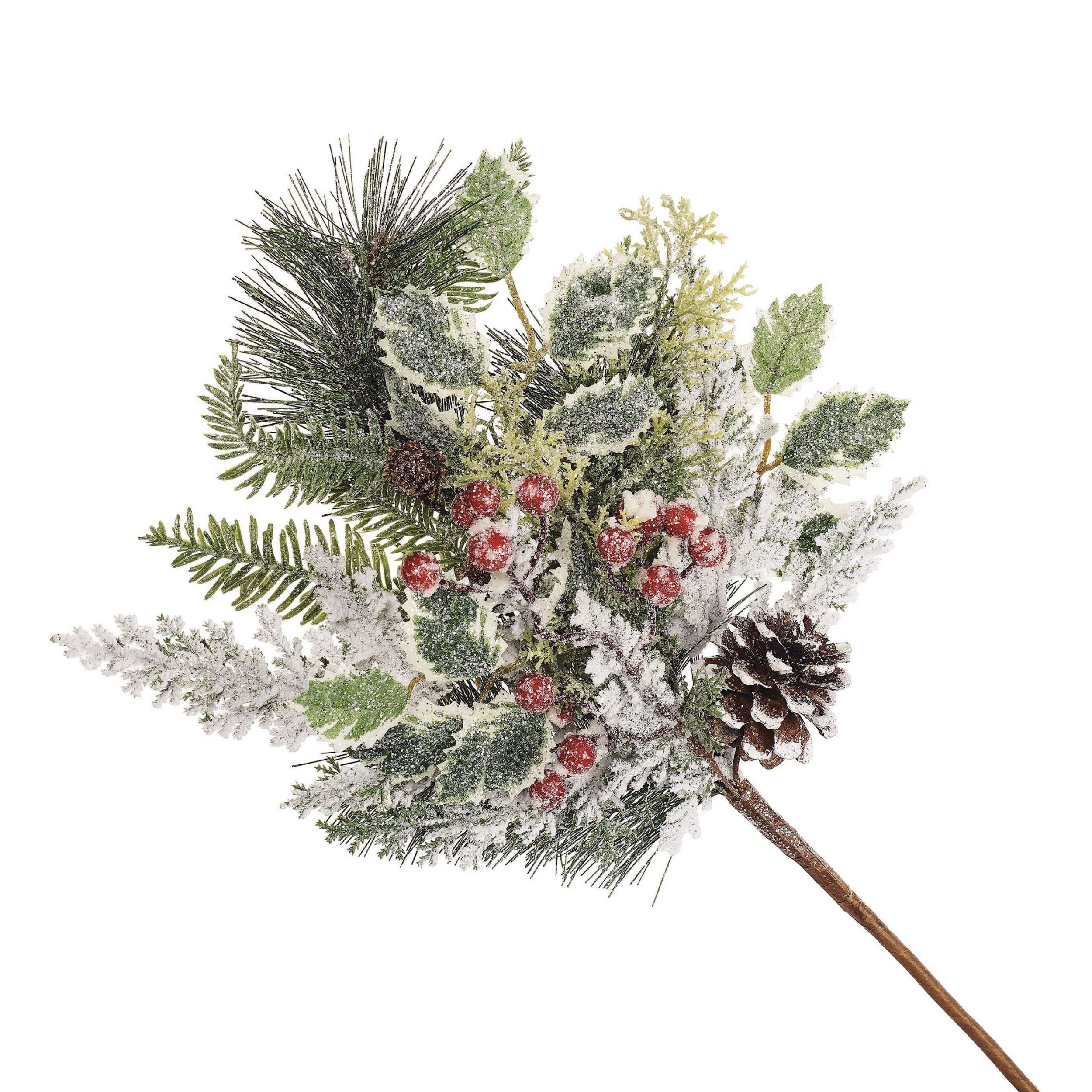 Decorative floral arrangement with greenery, berries, and pinecones on a white background