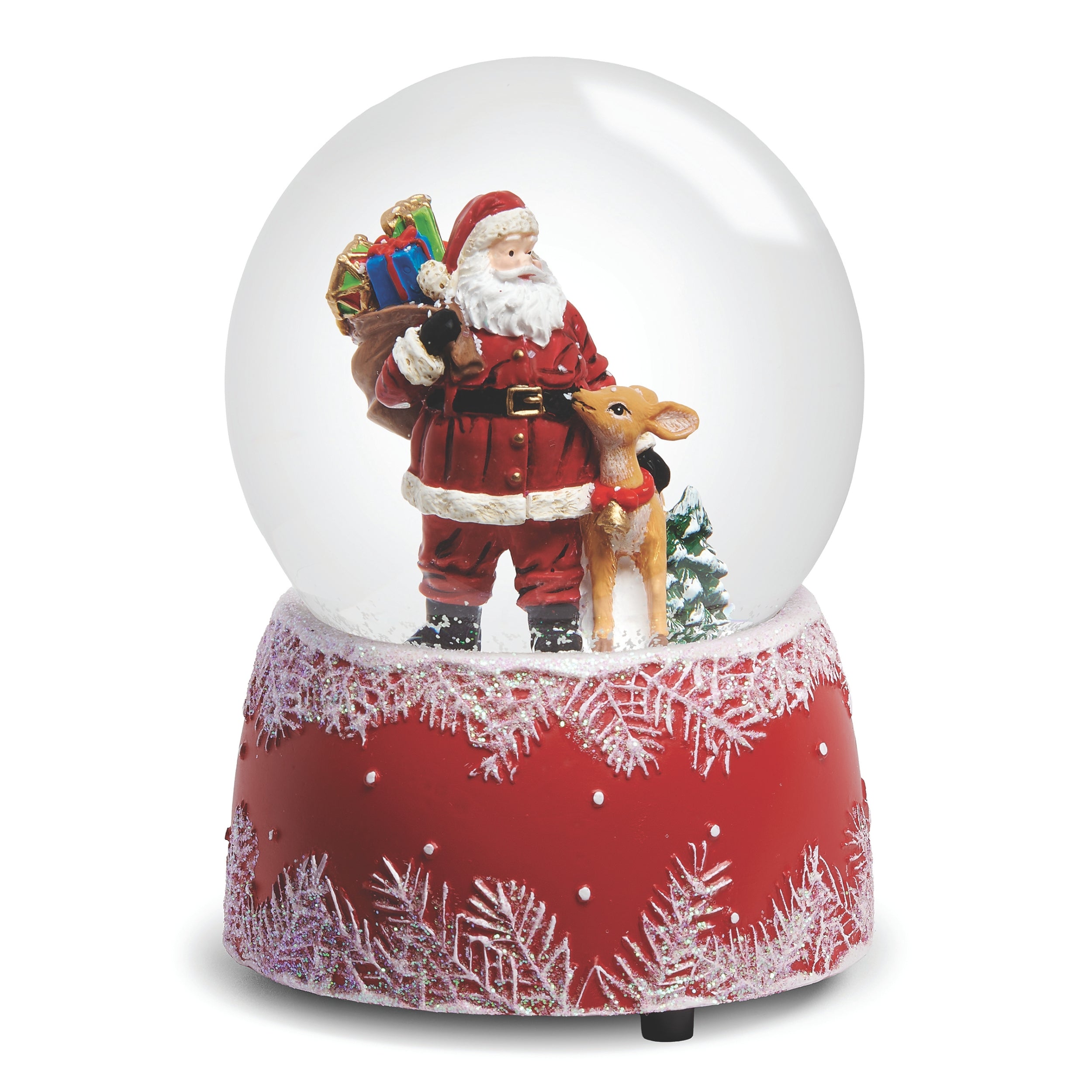 Christmas snow globe with Santa Claus and reindeer inside on a white background
