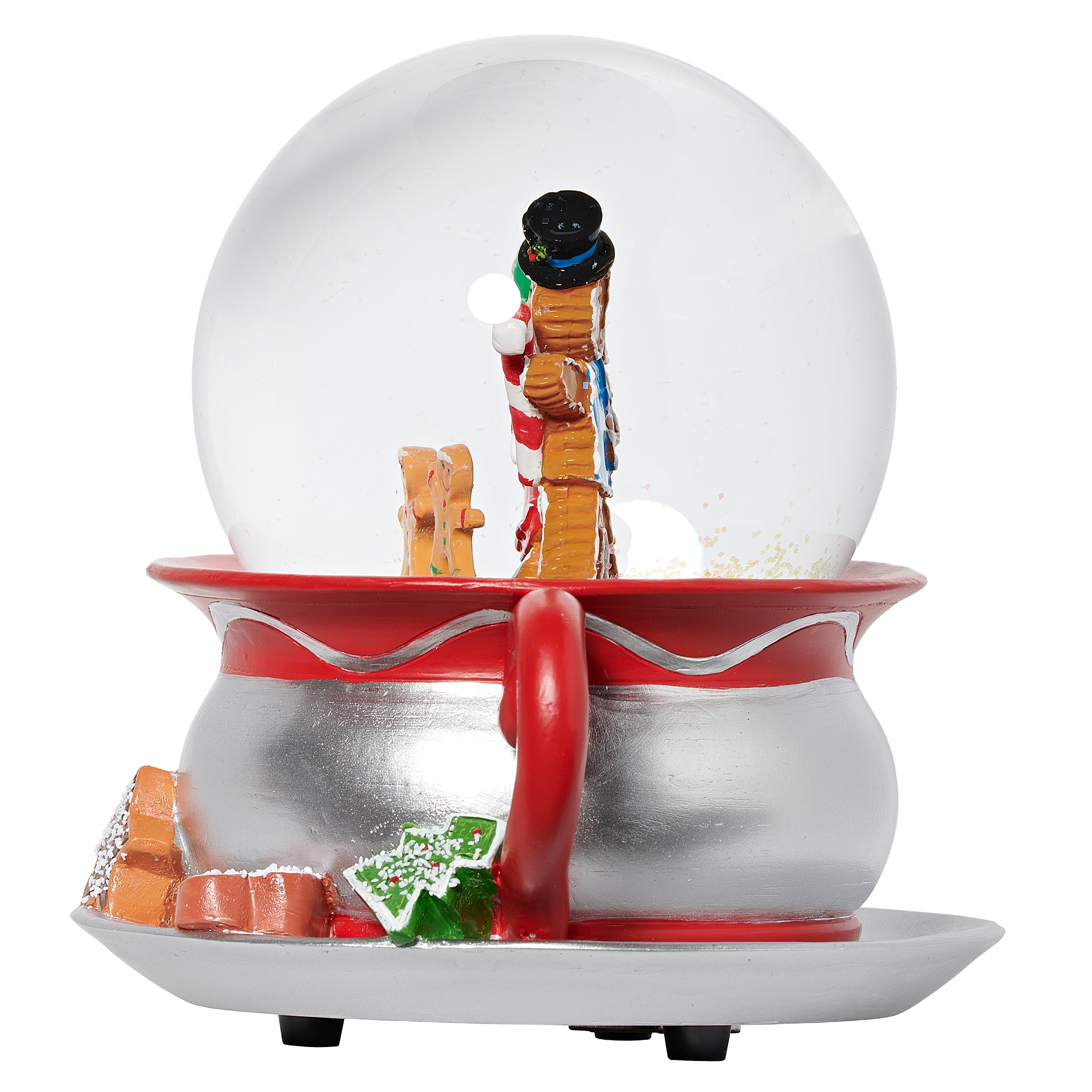 Christmas-themed snow globe with gingerbread men on a red and silver base.