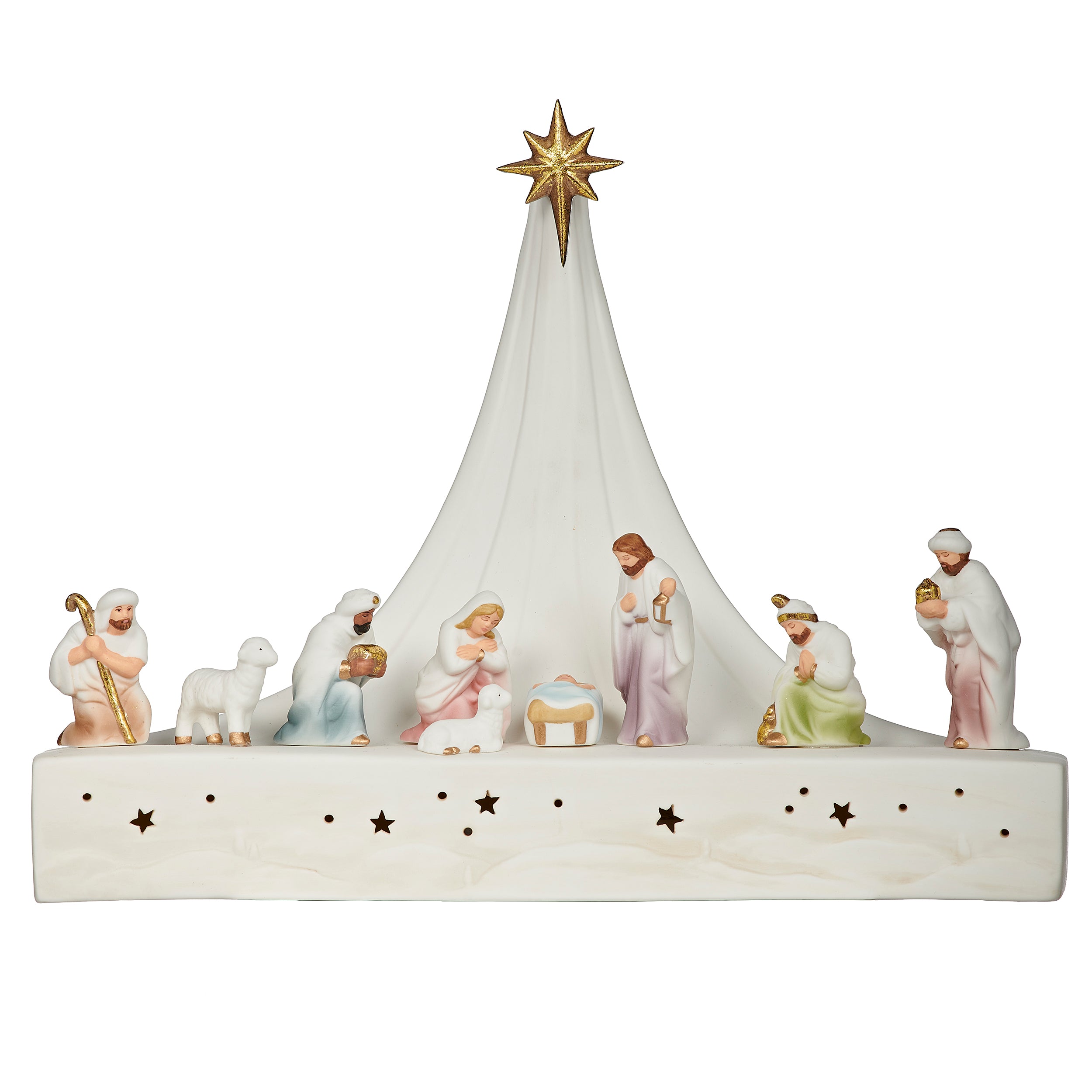 White Nativity scene beneath a gold star