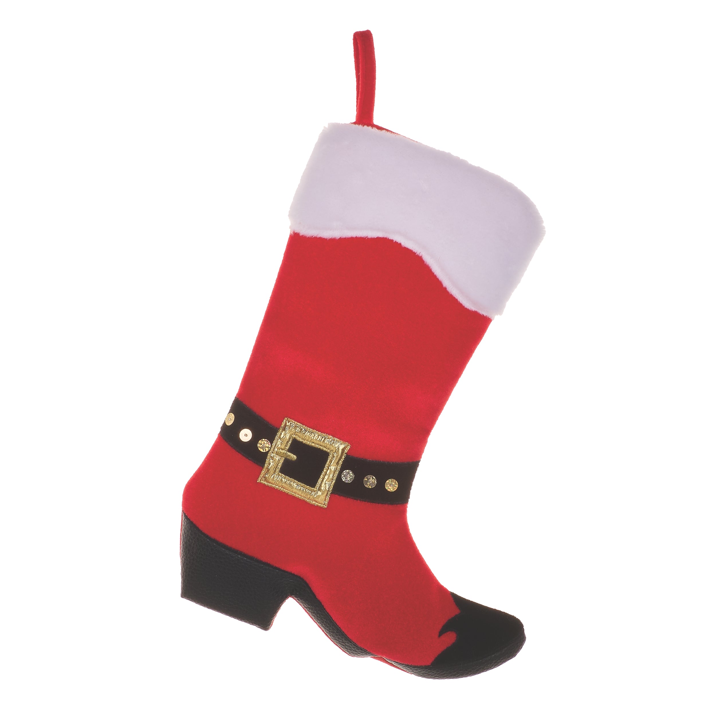 Red Christmas stocking with a white cuff and black toe on a white background