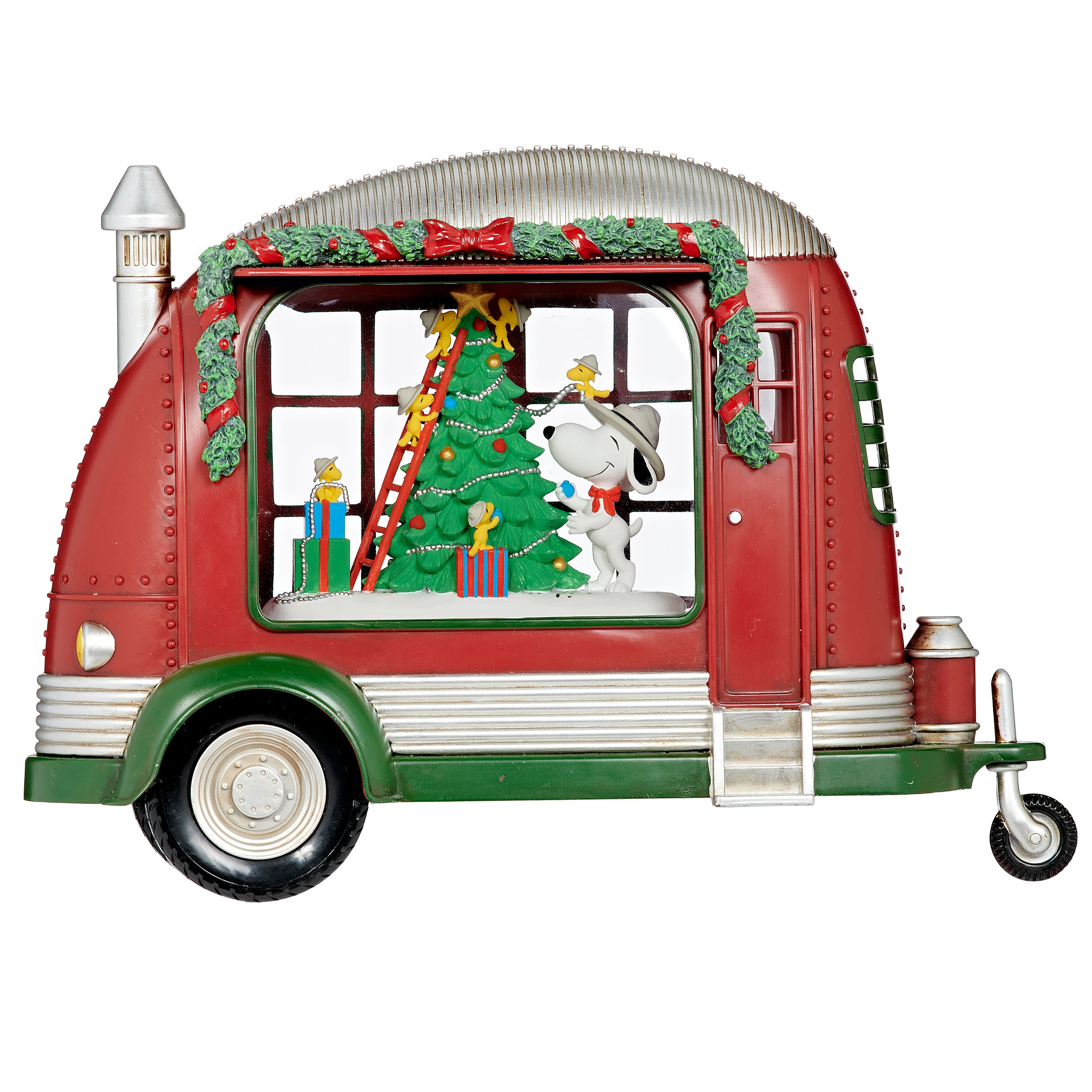 Decorative red and green camper with a tree, Snoopy, and yellow birds