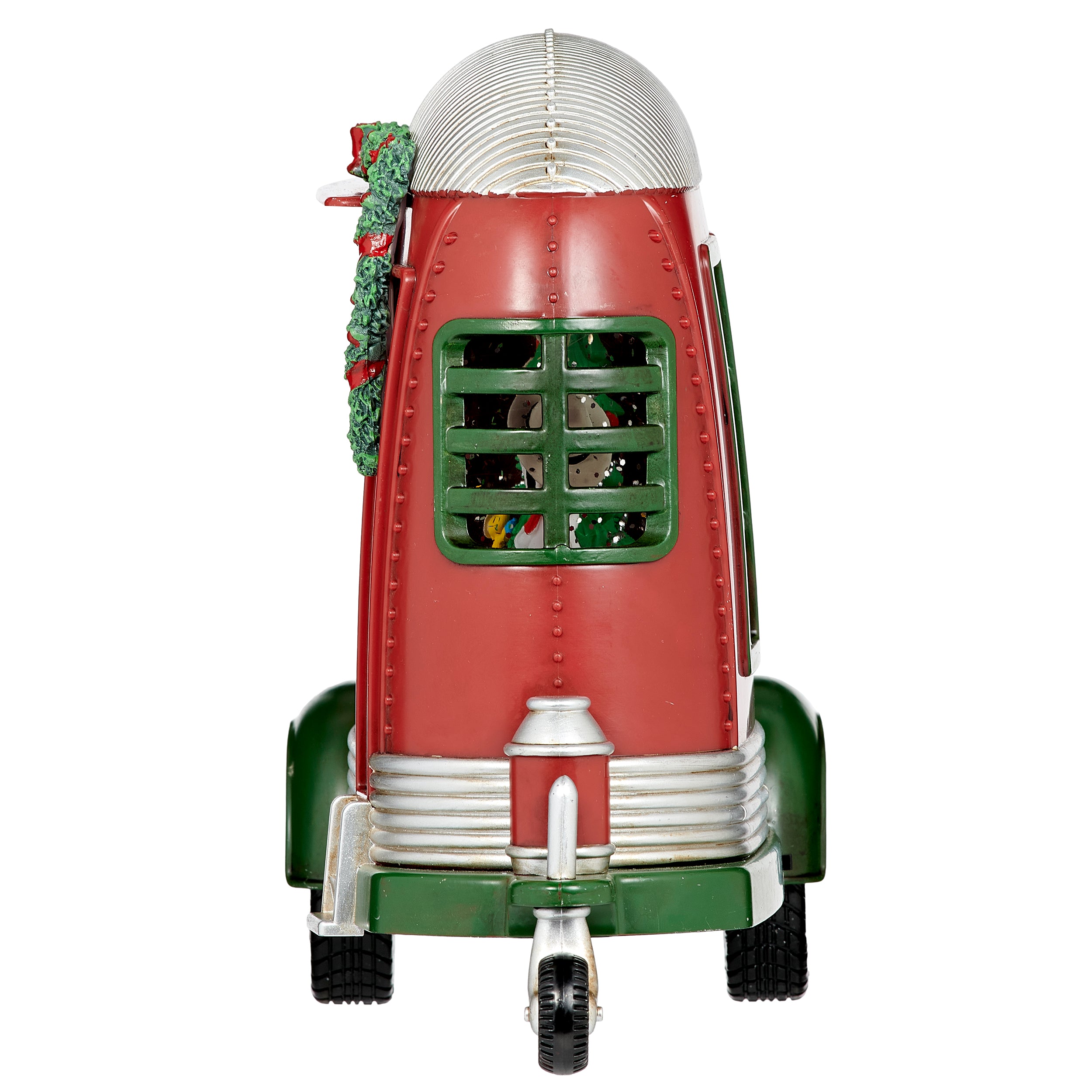 Decorative red and green camper from the side