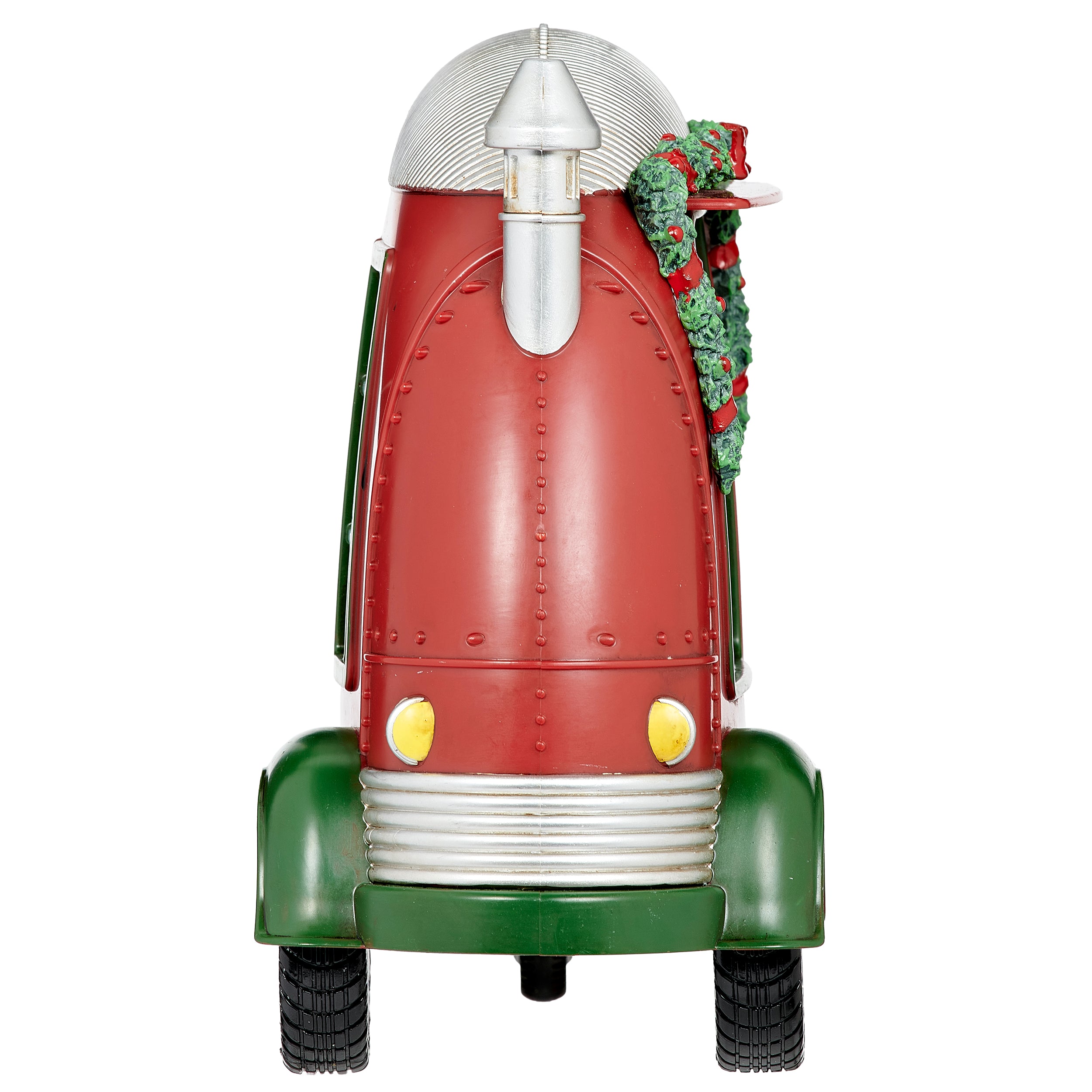 Decorative red and green camper from the back