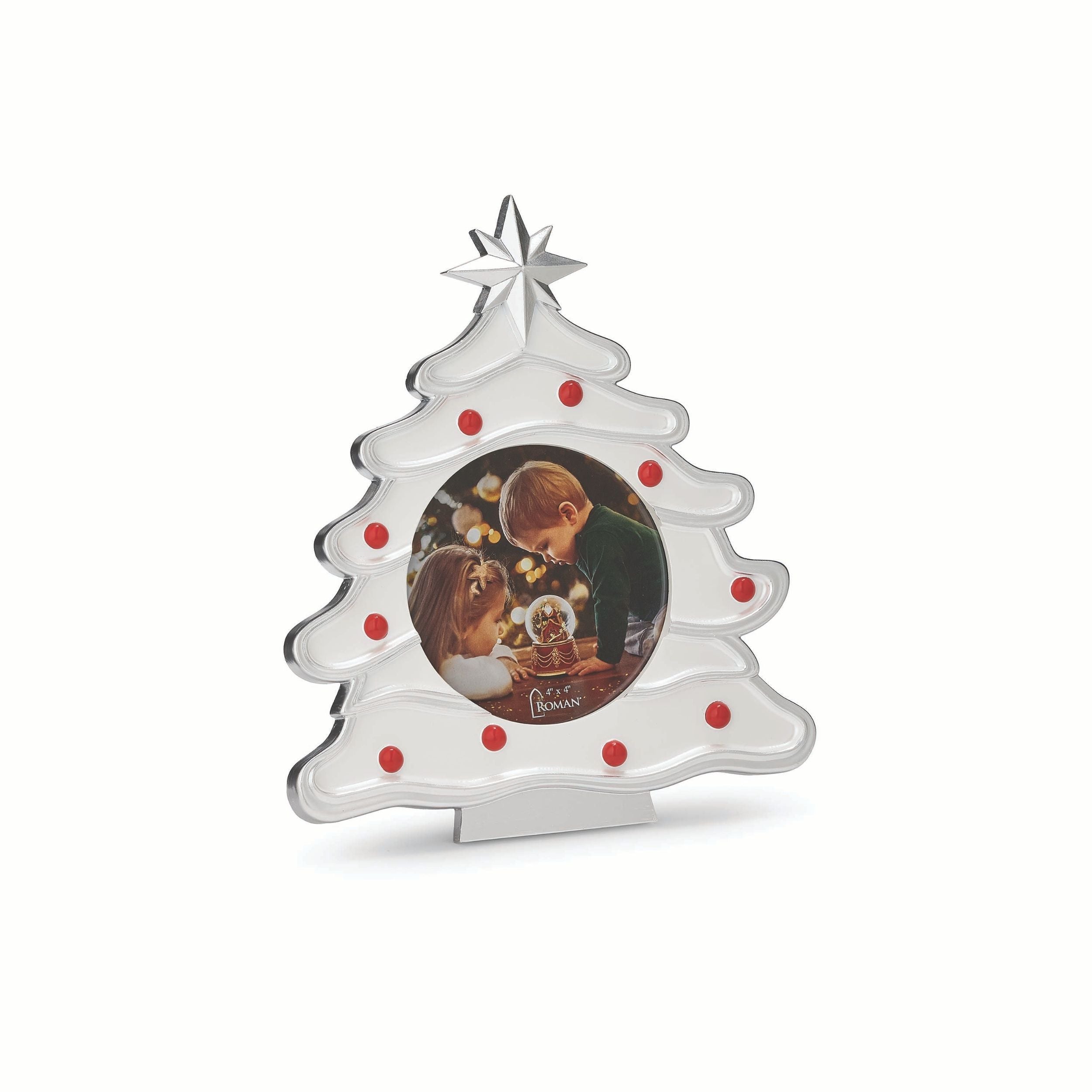 Christmas tree-shaped photo frame with a picture of a couple and snow globe inside on a white background