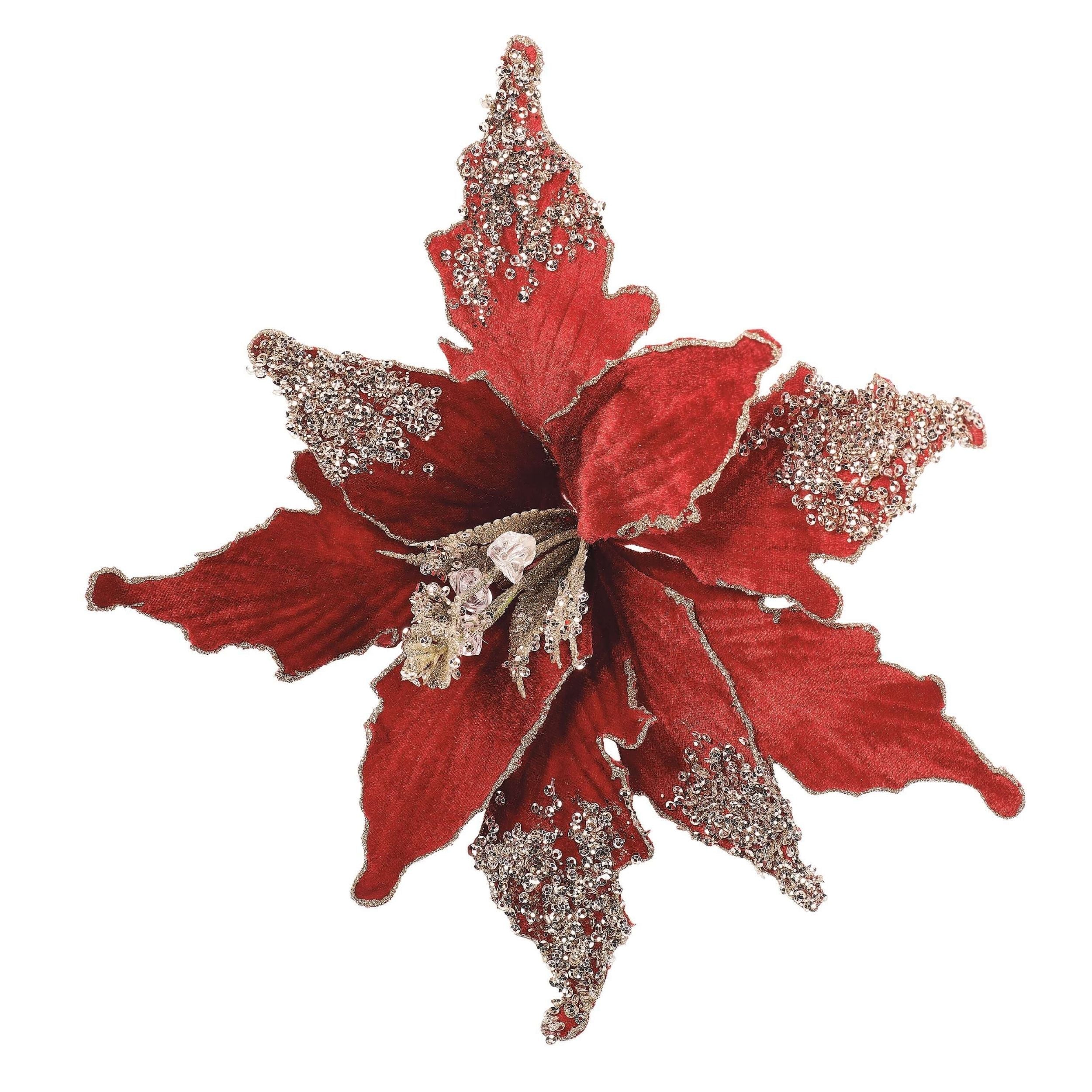 Red flower-shaped decorative item with silver embellishments on a white background