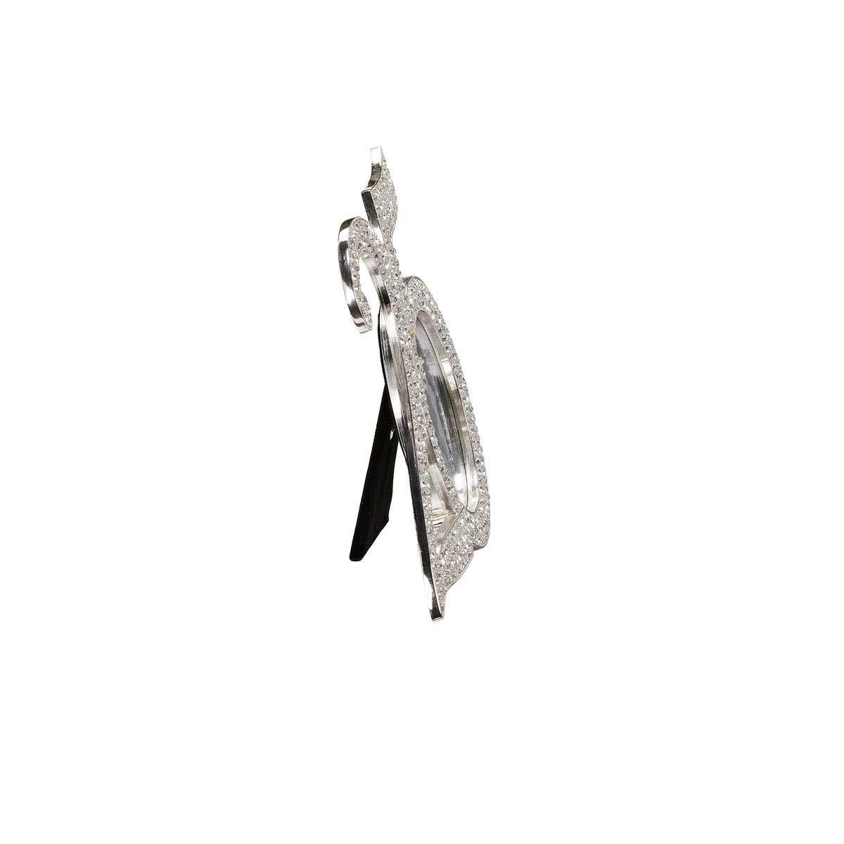 Side view of rhinestone anniversary frame showing its slim metal profile and extended easel support.