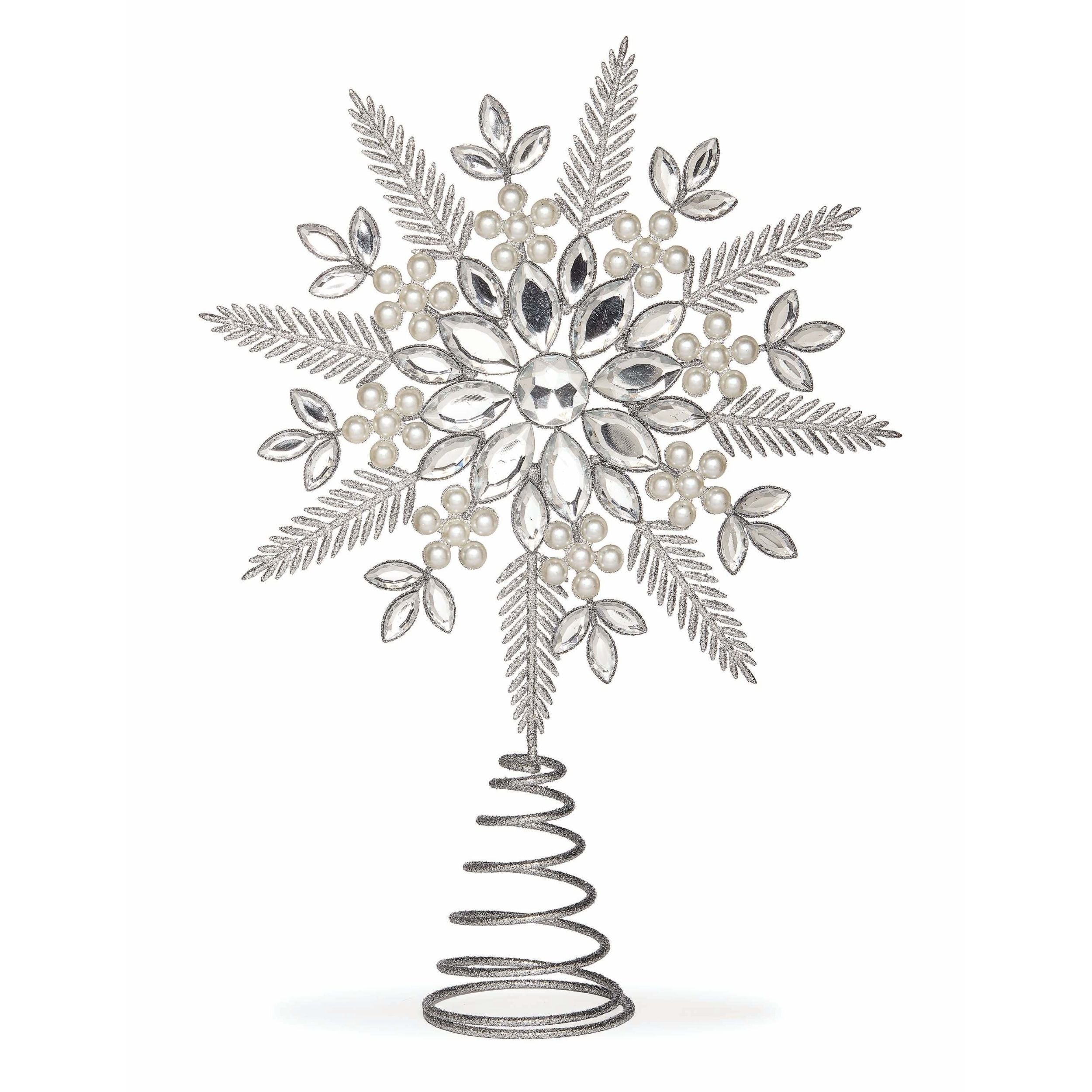Decorative snowflake tree topper with silver and pearl details on a white background