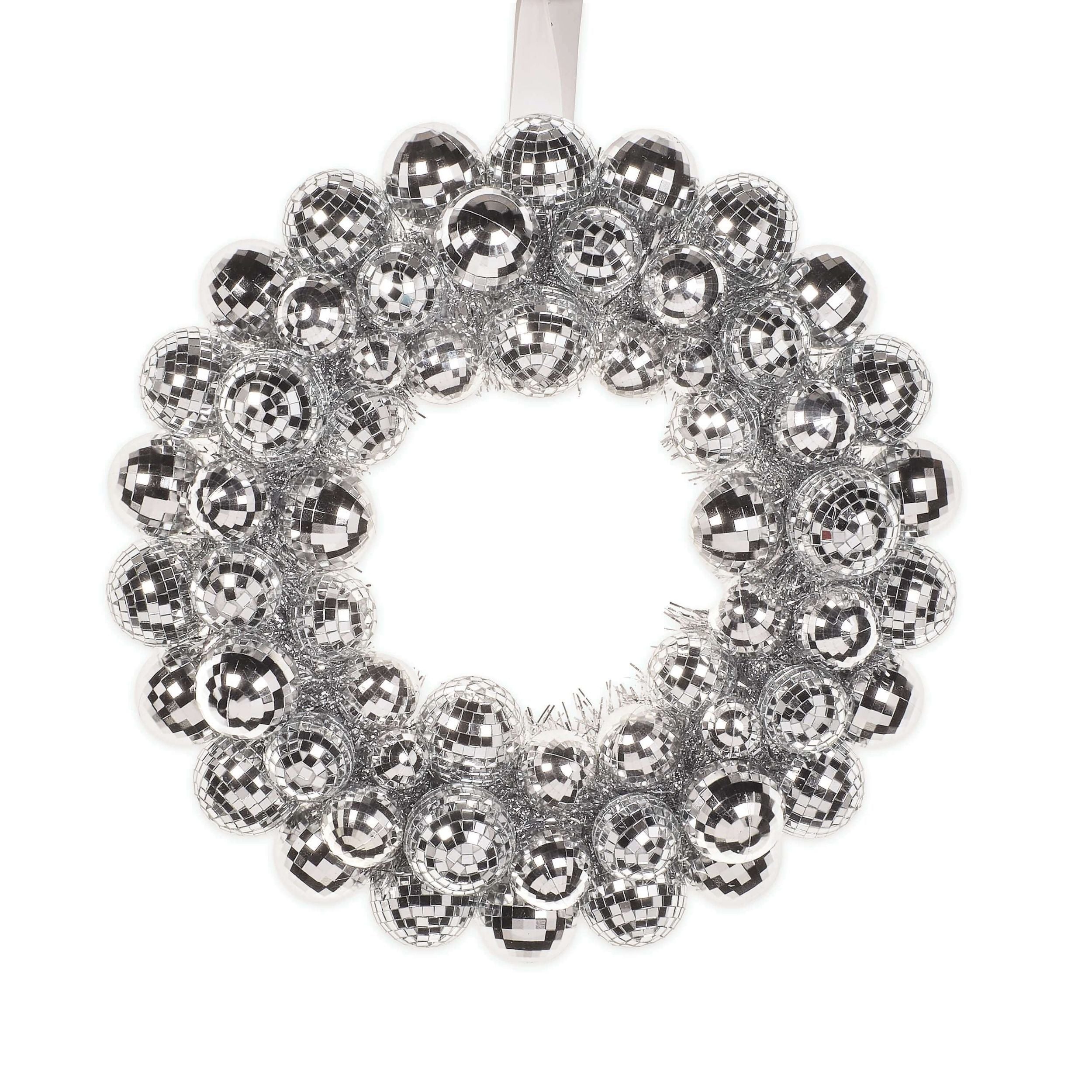 Silver disco ball wreath ornament on a white background