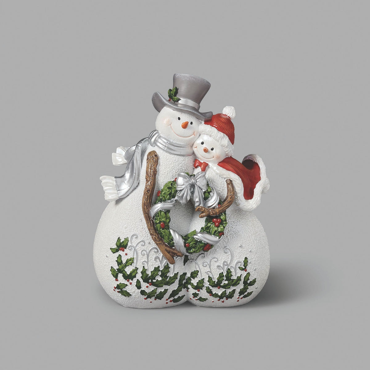 Decorative snowman figurine with a smaller snowman and holly wreath on a light gray background