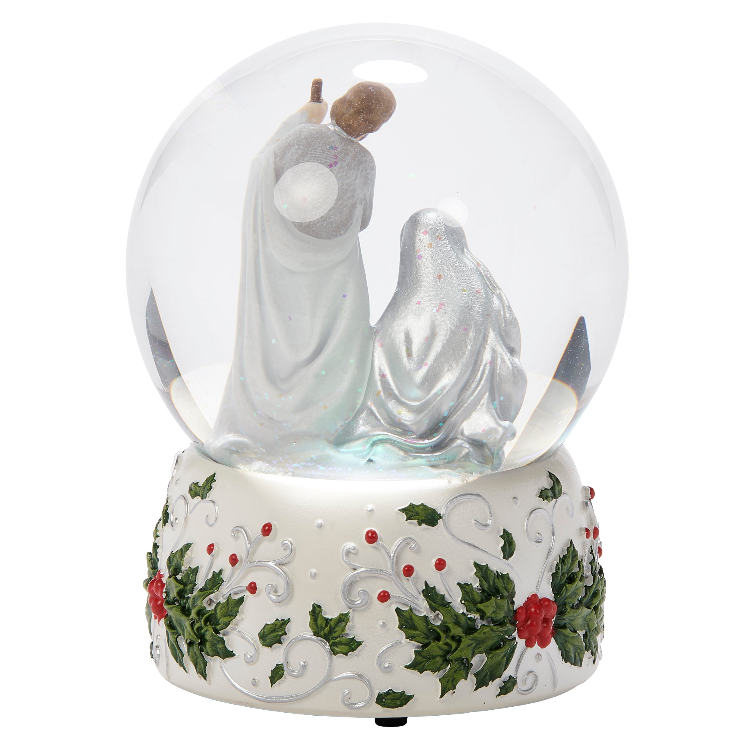 Glitterdome Holy Family with Holly Berry Silver Swirl - "Silent Night" Tune