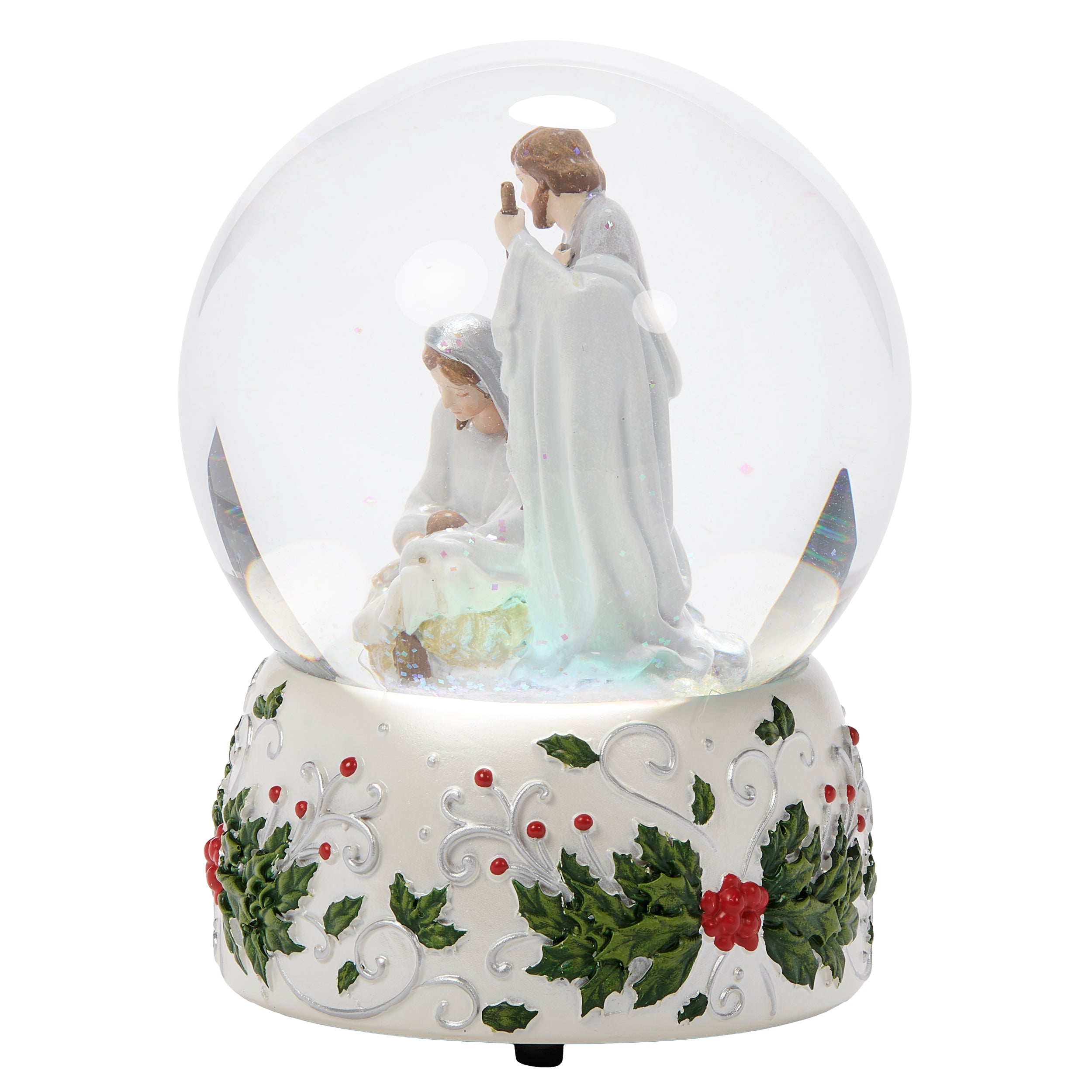 Glitterdome Holy Family with Holly Berry Silver Swirl - "Silent Night" Tune