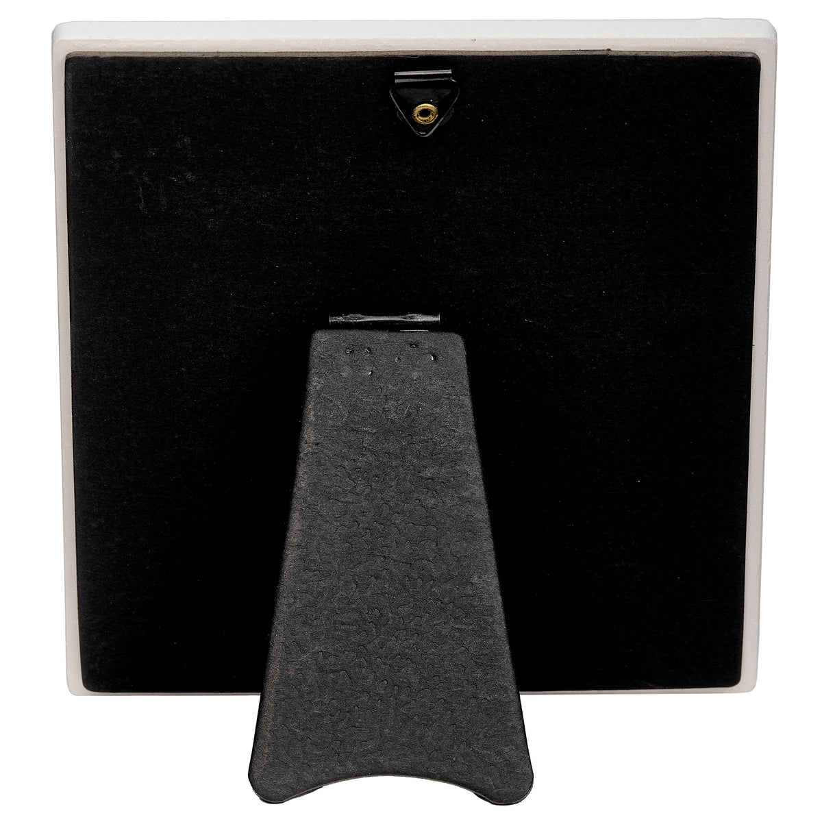 Rear view of plaque showing the black backing, fold-out easel stand, and hanging loop.