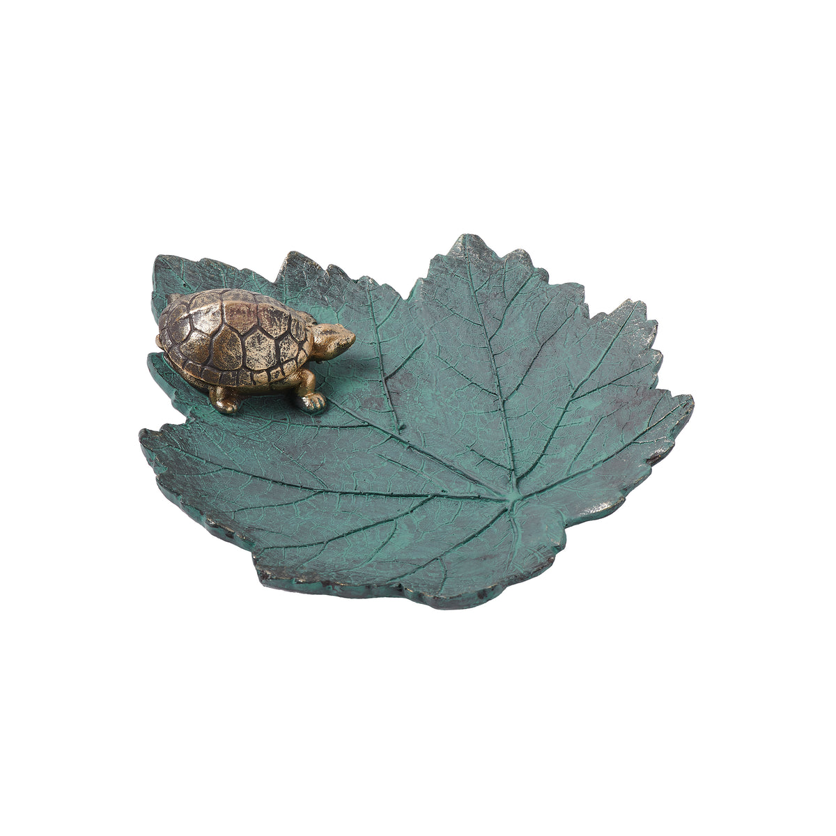 Opposite angled view of Leaf Bird Feeder with Turtle showing the blue-green leaf texture and detailed turtle figure