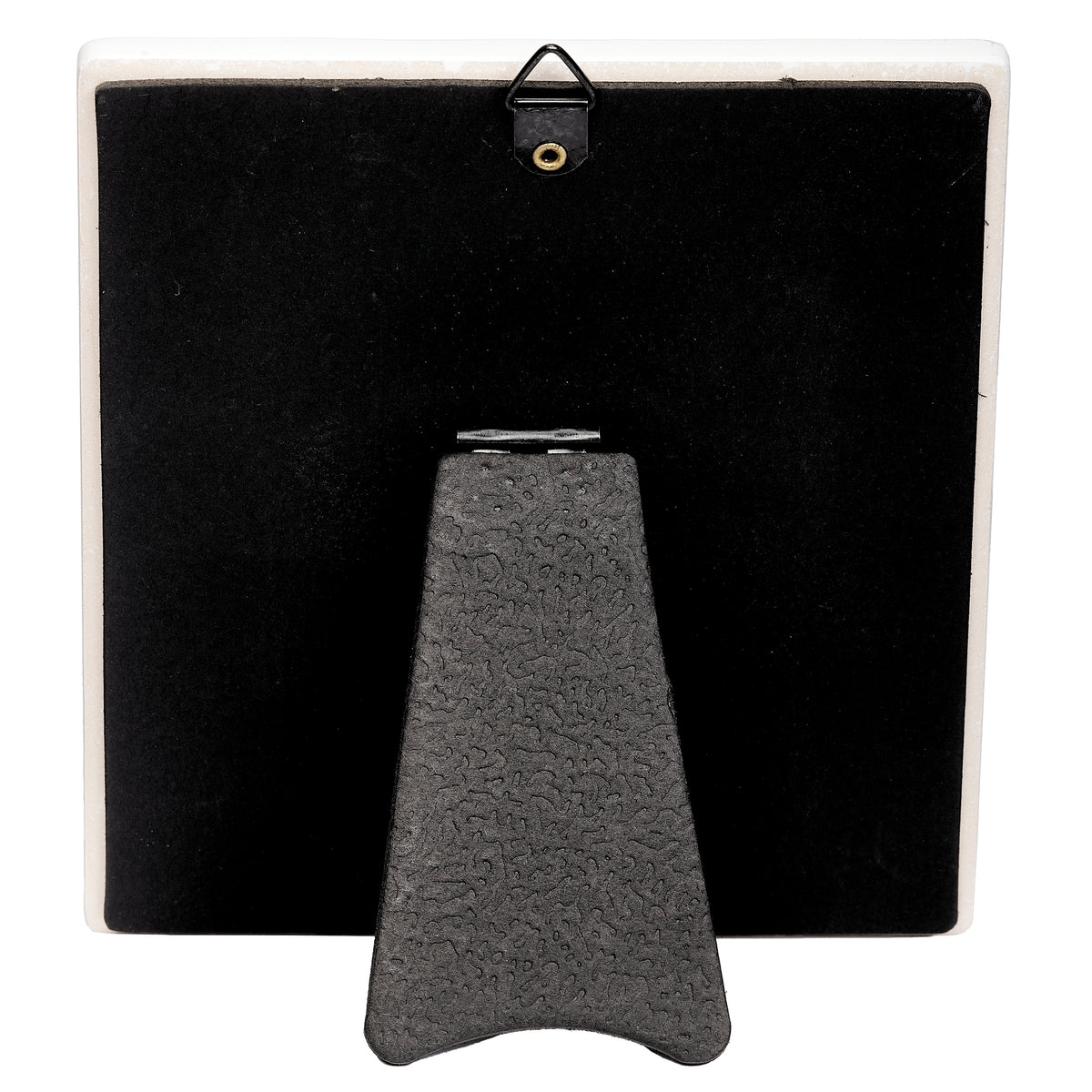 Rear view of plaque showing the black backing, fold-out easel stand, and hanging loop.