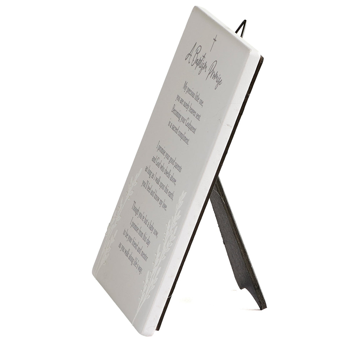 Side view of Godparent's Baptism Promise Tabletop Plaque showing the slim ceramic profile and open tabletop easel stand