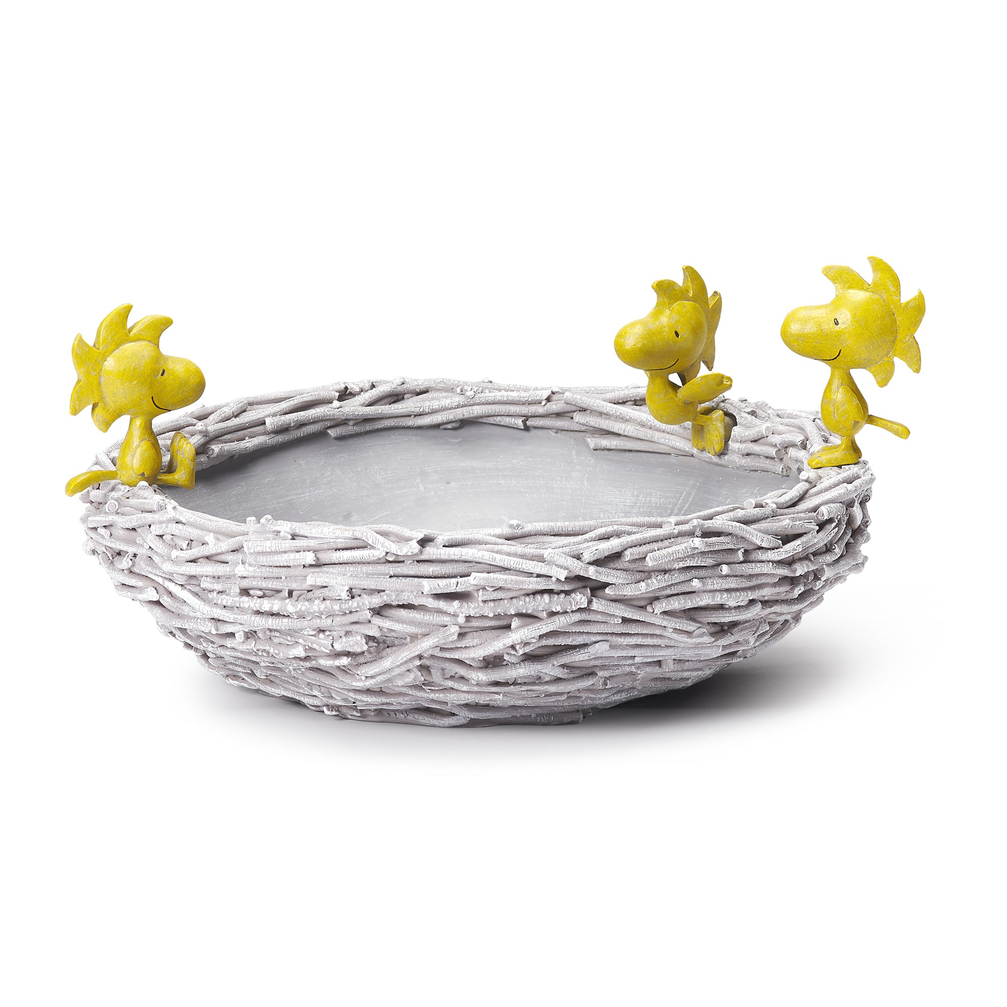 Bird bath set with wicker texture and small yellow woodstock birds