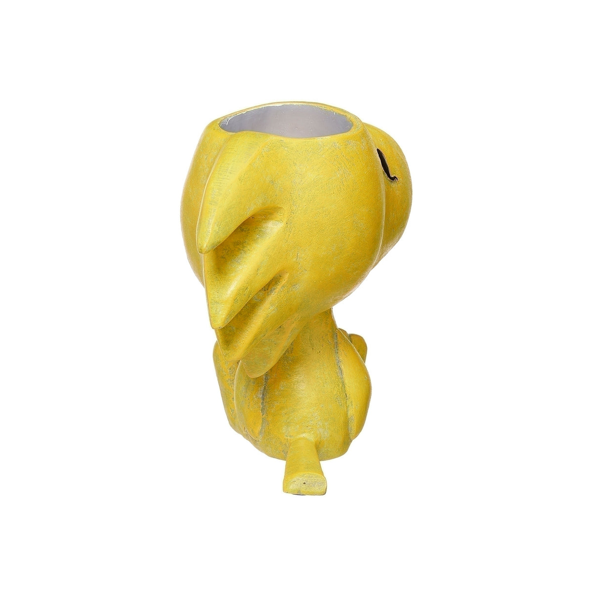 Back view of Peanuts Woodstock Planter showing the sculpted yellow feathers and planter opening