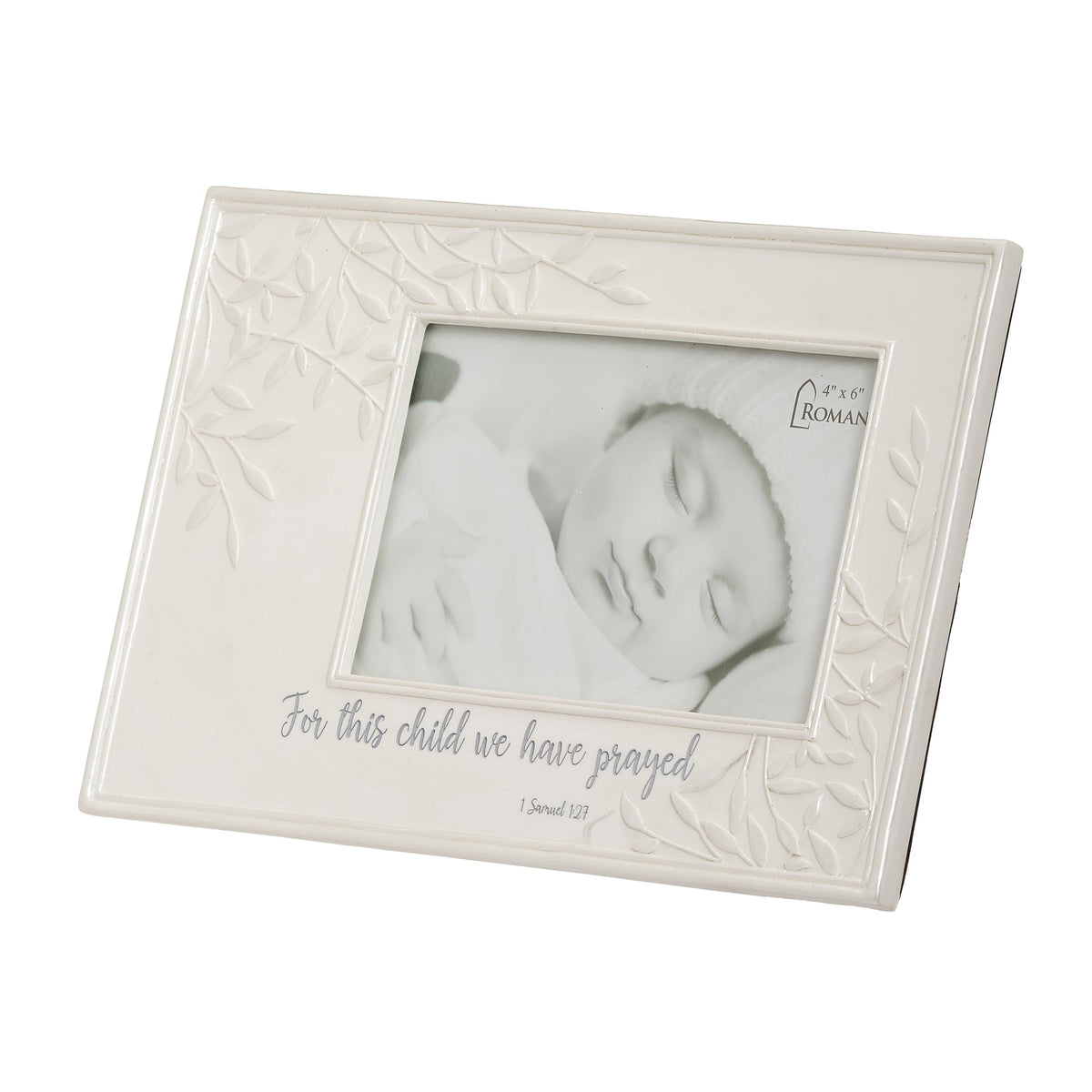 Front angled view of “For This Child We Have Prayed” horizontal picture frame showing the raised leaf details, scripture inscription, and photo opening
