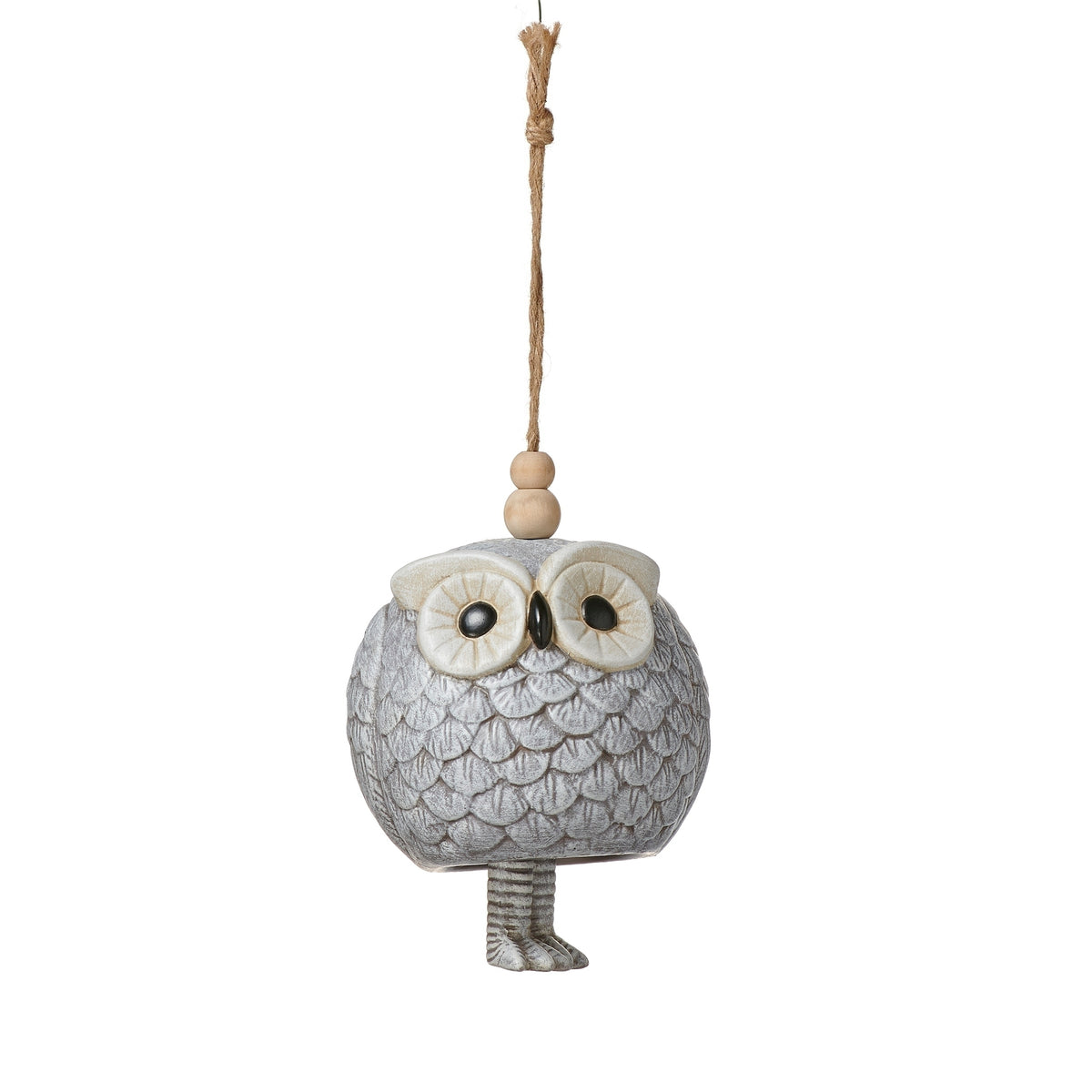 Front view of Pudgy Pals Owl Bell showing the wide-eyed owl design, textured feathers, and hanging string