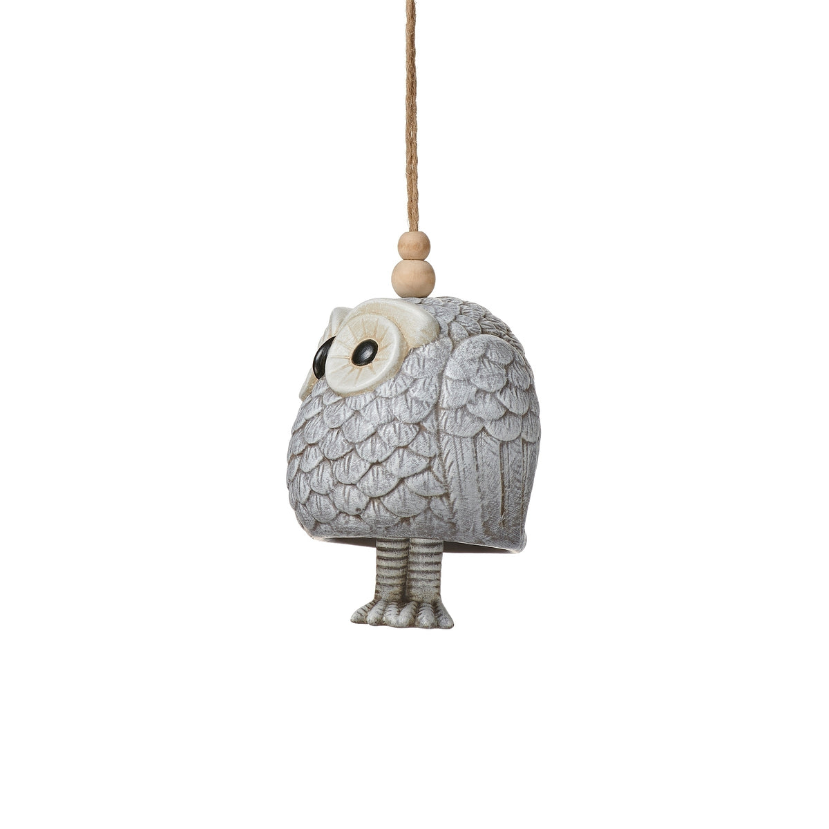 Side view of Pudgy Pals Owl Bell showing the rounded owl shape, sculpted feathers, and hanging bell