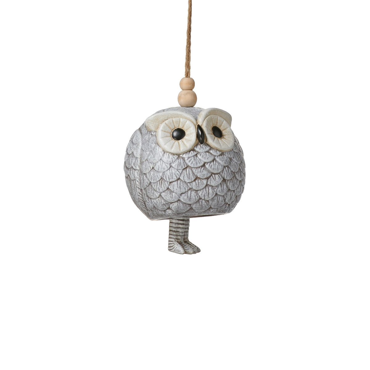 Alternate front view of Pudgy Pals Owl Bell showing the owl face, feather details, and rustic suspension string