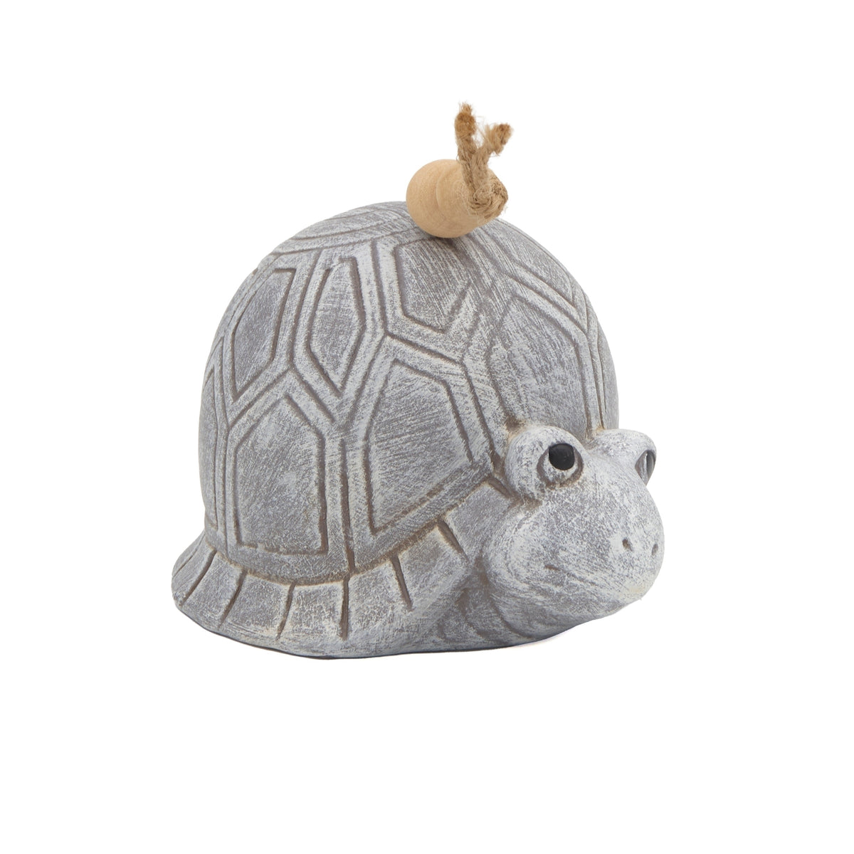 Side view of Pudgy Pals Turtle Bell showing the turtle face, sculpted shell, and hanging bell