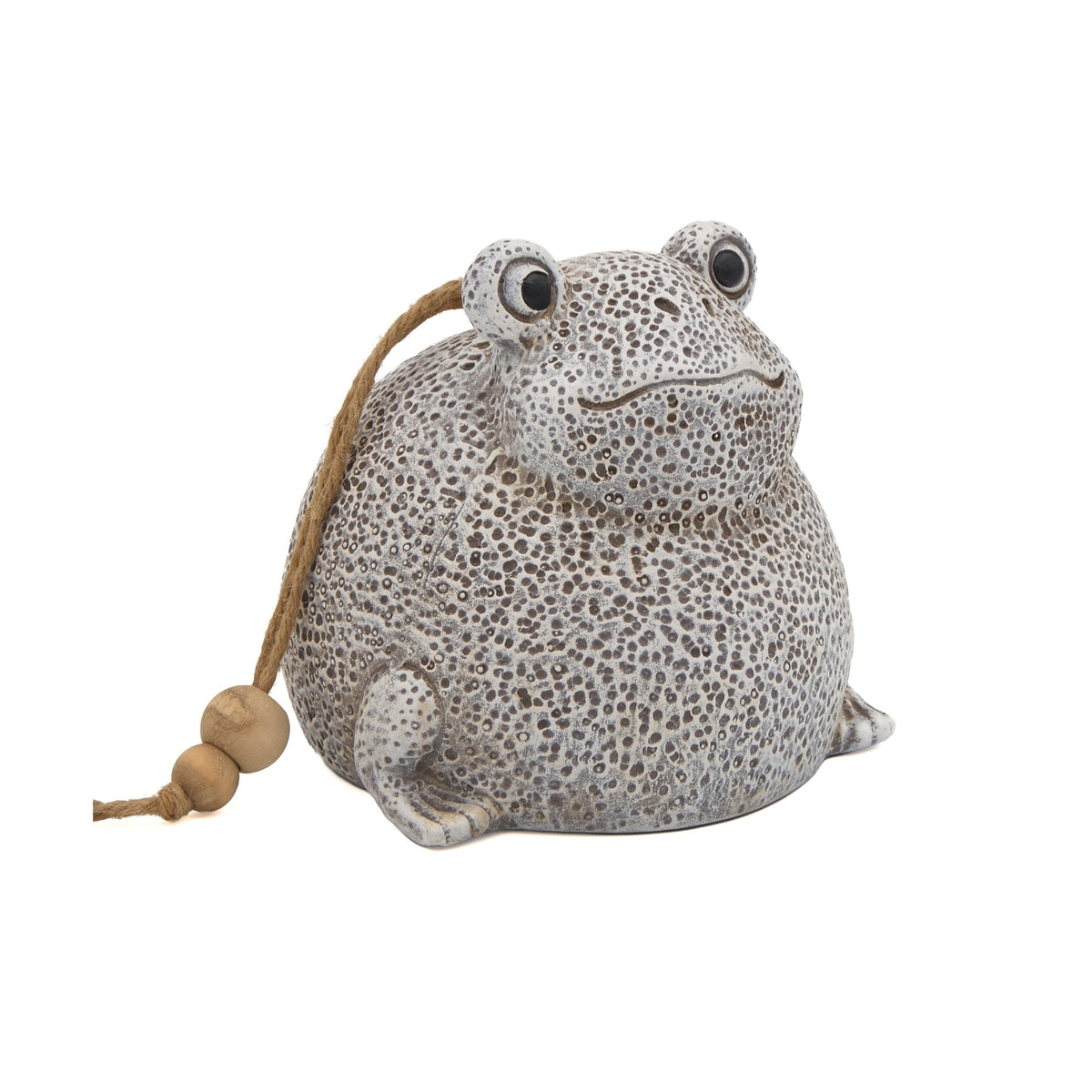 Front angled view of Pudgy Pals Frog Bell showing the frog face, textured body, wooden beads, and hanging bell