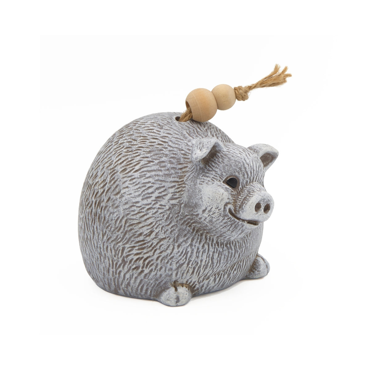 Side view of Pudgy Pals Pig Bell showing the rounded pig shape, textured body, and hanging string