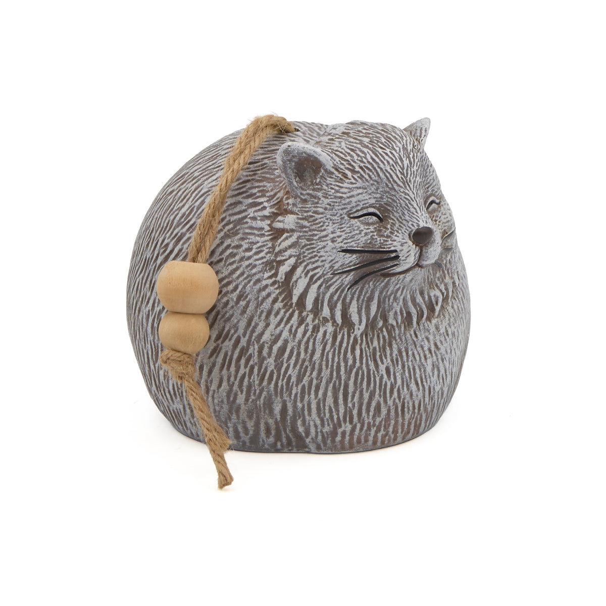 Front angled view of Pudgy Pals Cat Bell showing the cat face, textured fur, wooden beads, and hanging bell