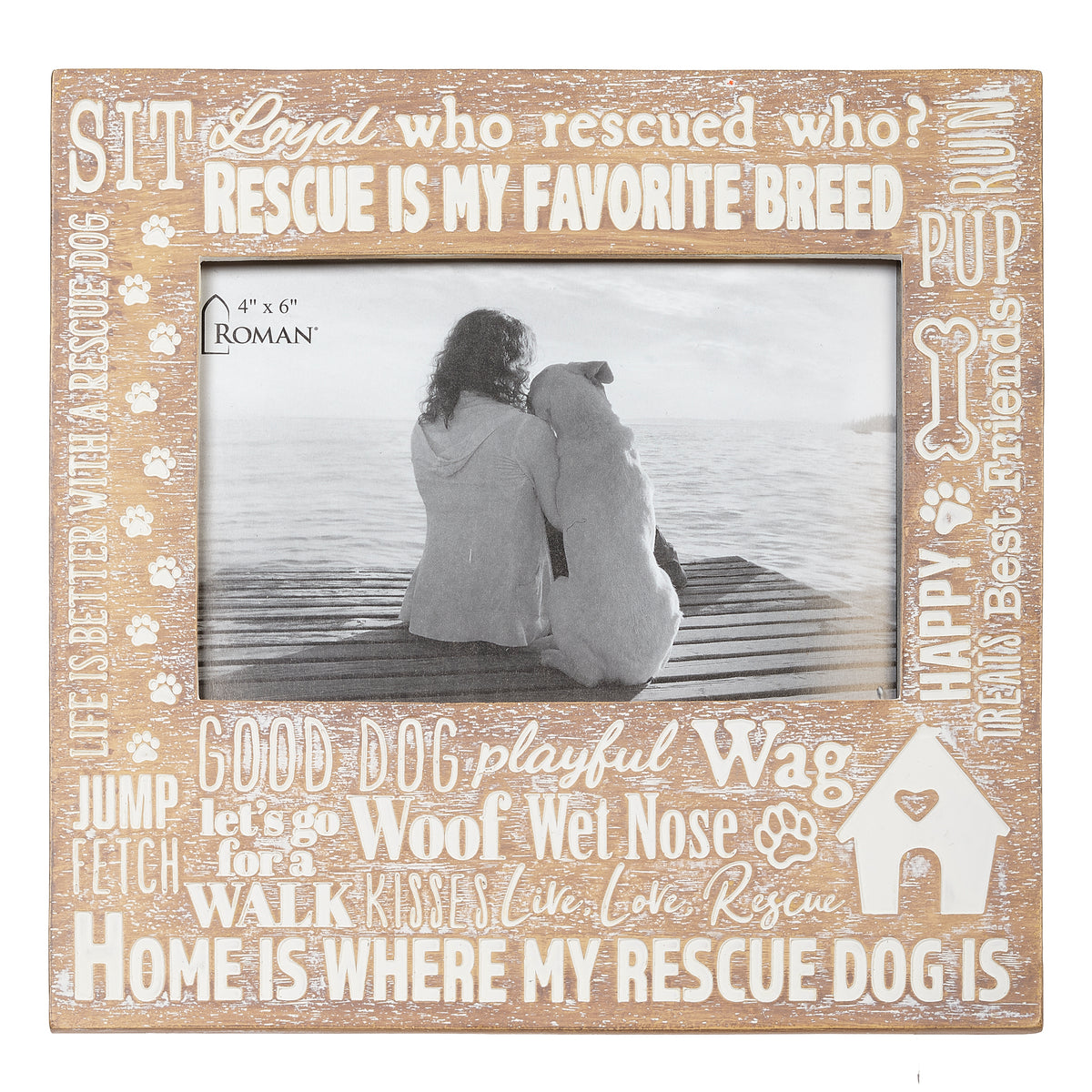 Front view of "Rescue Is My Favorite Breed" Picture Frame showing the pet photo opening and raised rescue dog sayings