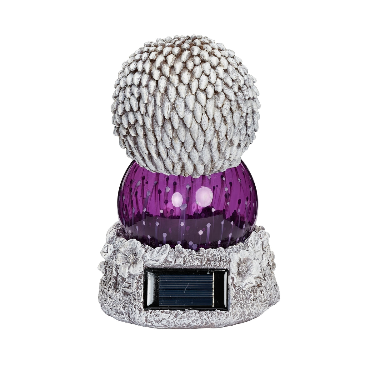 Back view of Pudgy Pals Solar-Powered Hedgehog Garden Statue showing the solar panel, purple dome, and textured quills