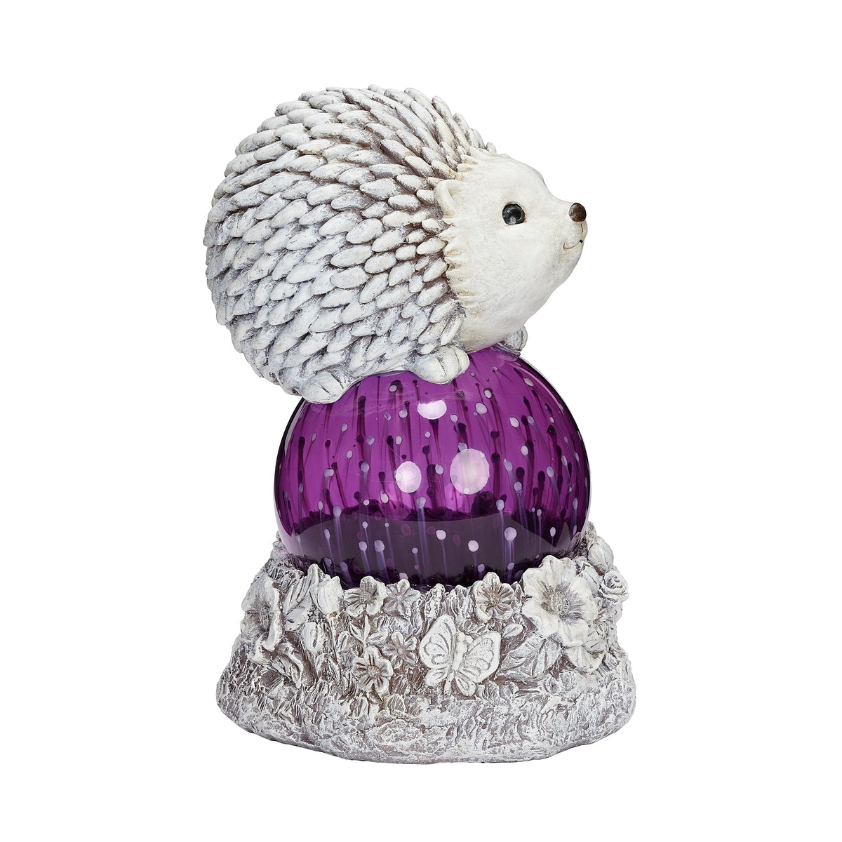 Opposite side view of Pudgy Pals Solar-Powered Hedgehog Garden Statue showing the hedgehog profile, purple dome, and decorative base