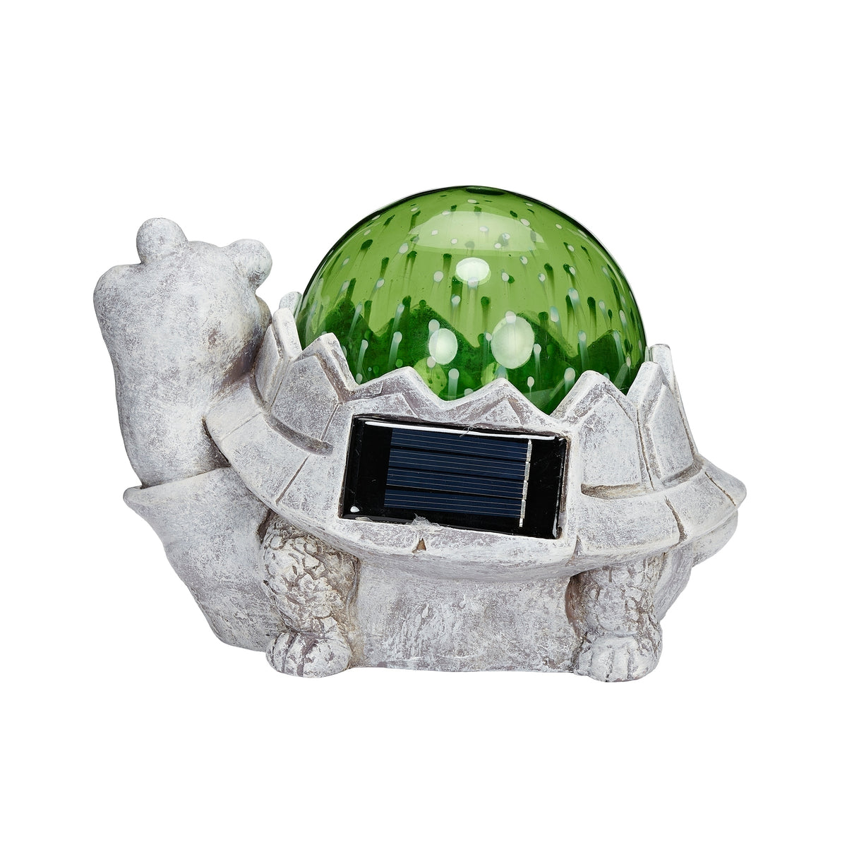 Back view of Pudgy Pals Solar-Powered Turtle Garden Statue showing the solar panel and green illuminated dome