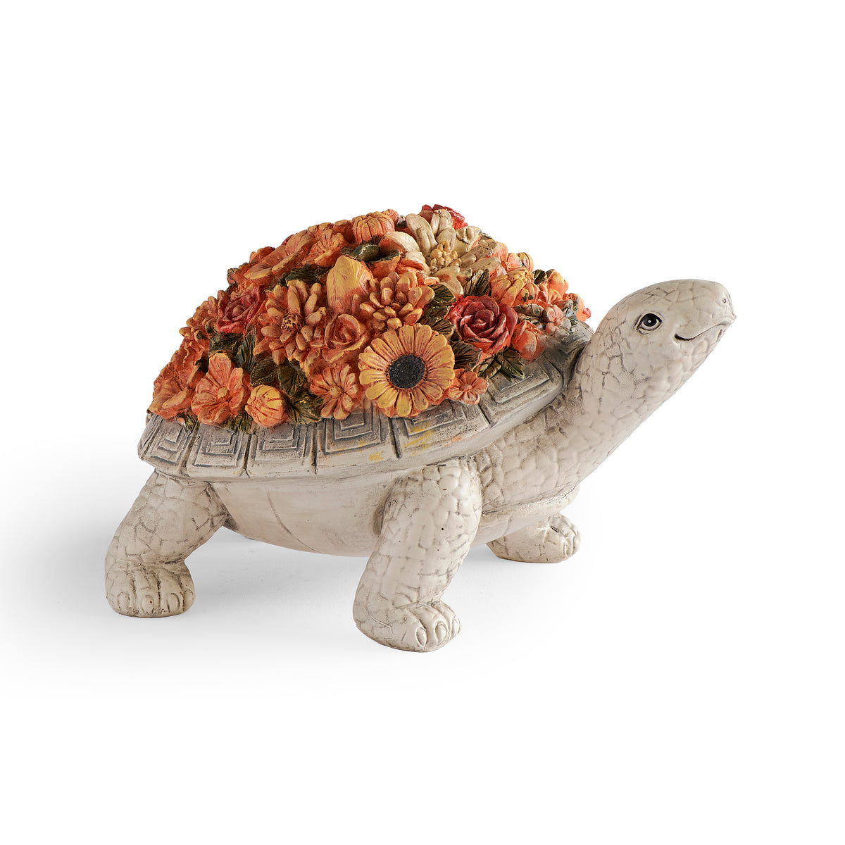 Turtle with orange flower shell garden statue front angled view