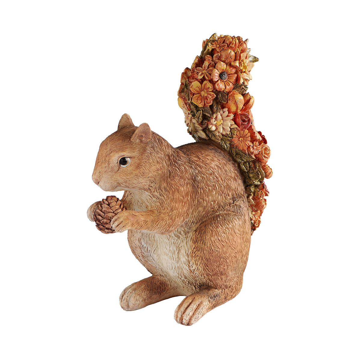 Squirrel with orange flower tail garden statue front angled view