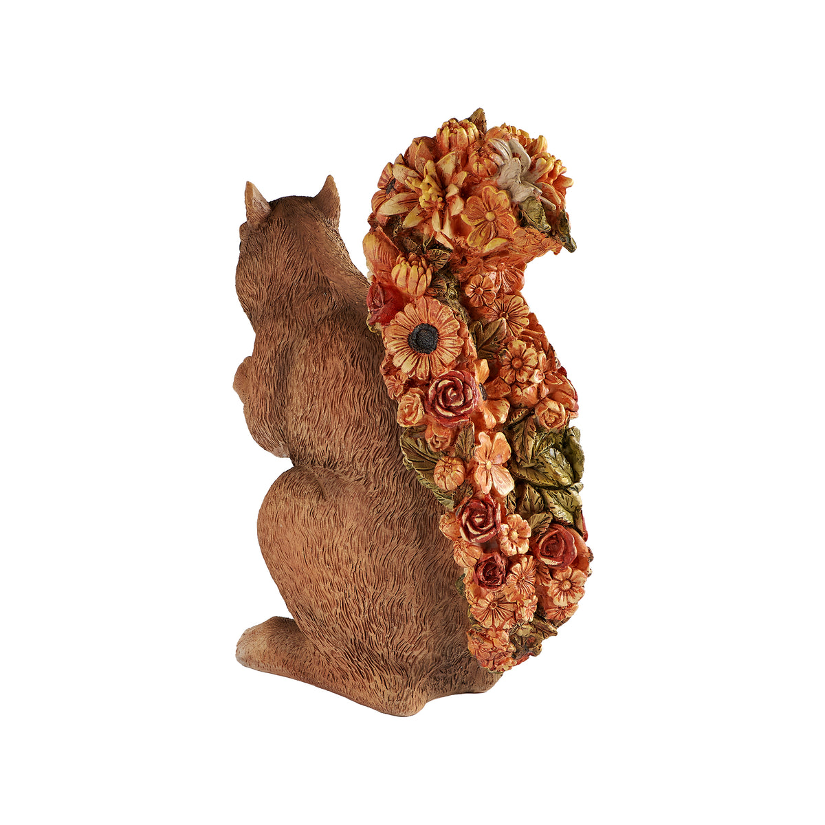 Squirrel with floral tail garden sculpture back view