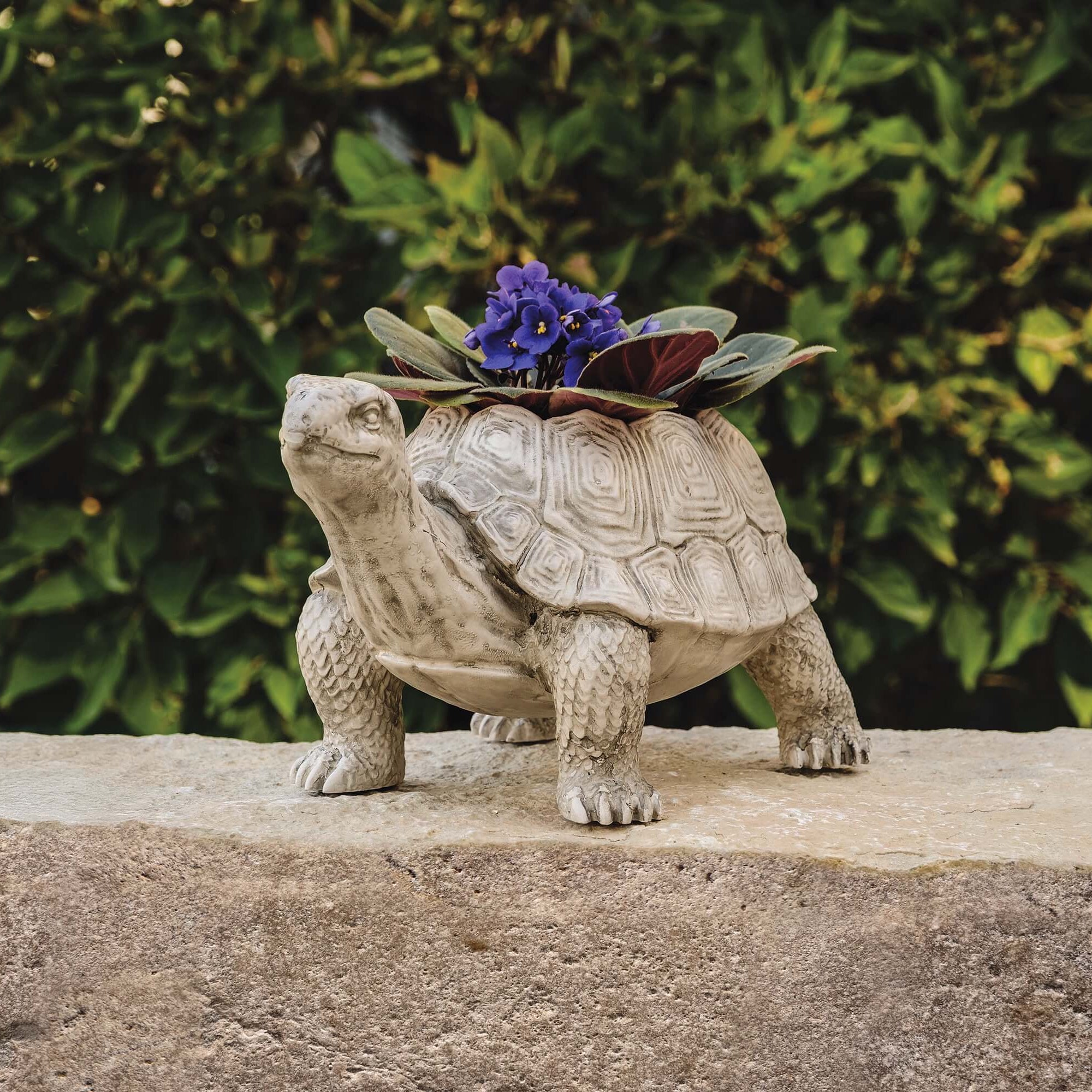 Decorative turtle statue with flowers on a stone surface against a green hedge background