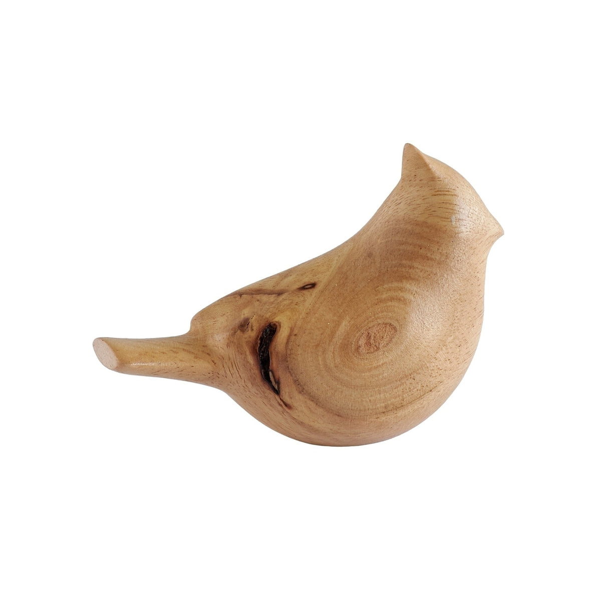 Opposite side view of Wooden Comfort Cardinal showing the long tail, smooth carved body, and natural wood finish
