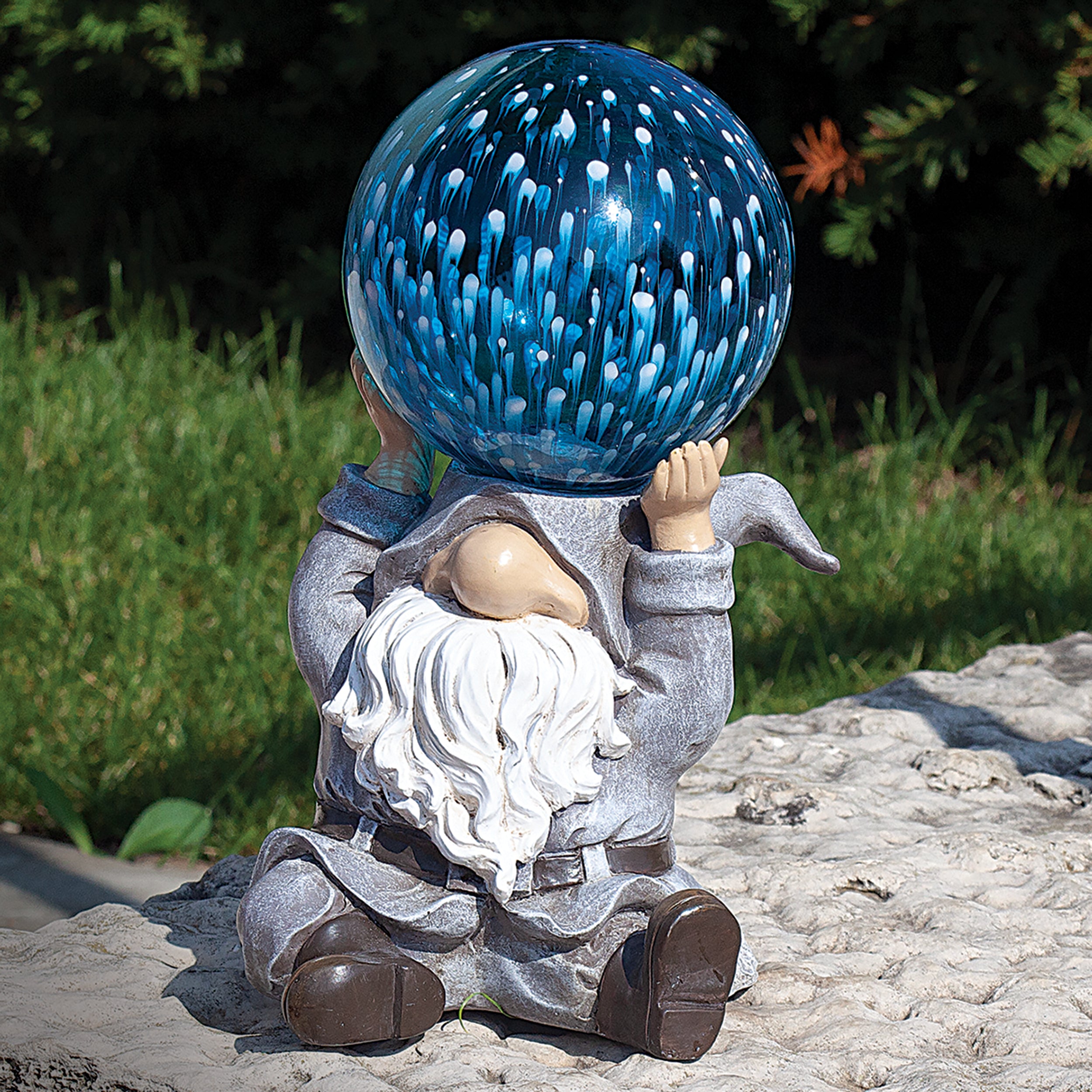 Solar Gnome with Blue Gazing Ball Garden Statue