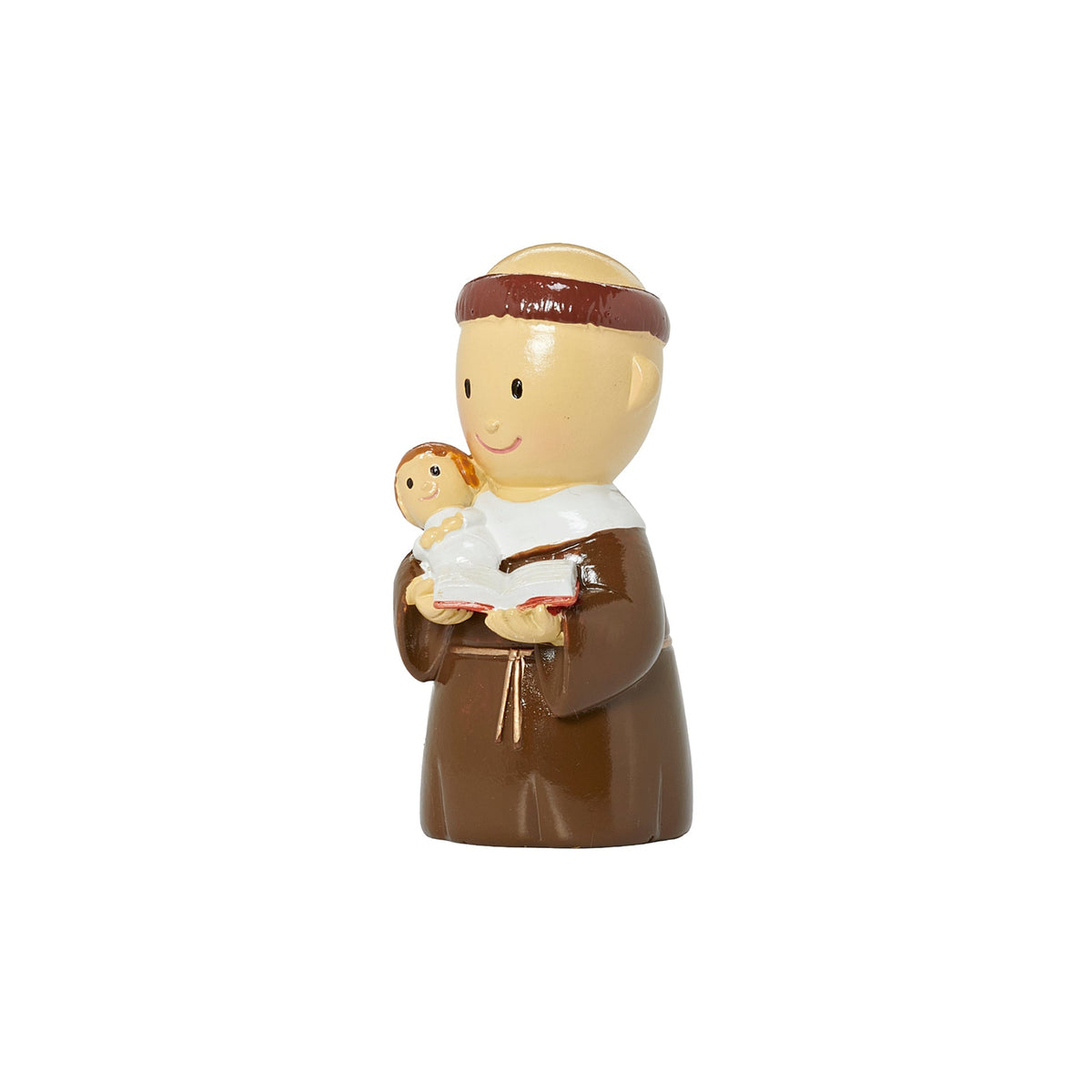 Front angled view of Little Patrons St. Anthony figure showing the brown robes, Christ Child, and red book