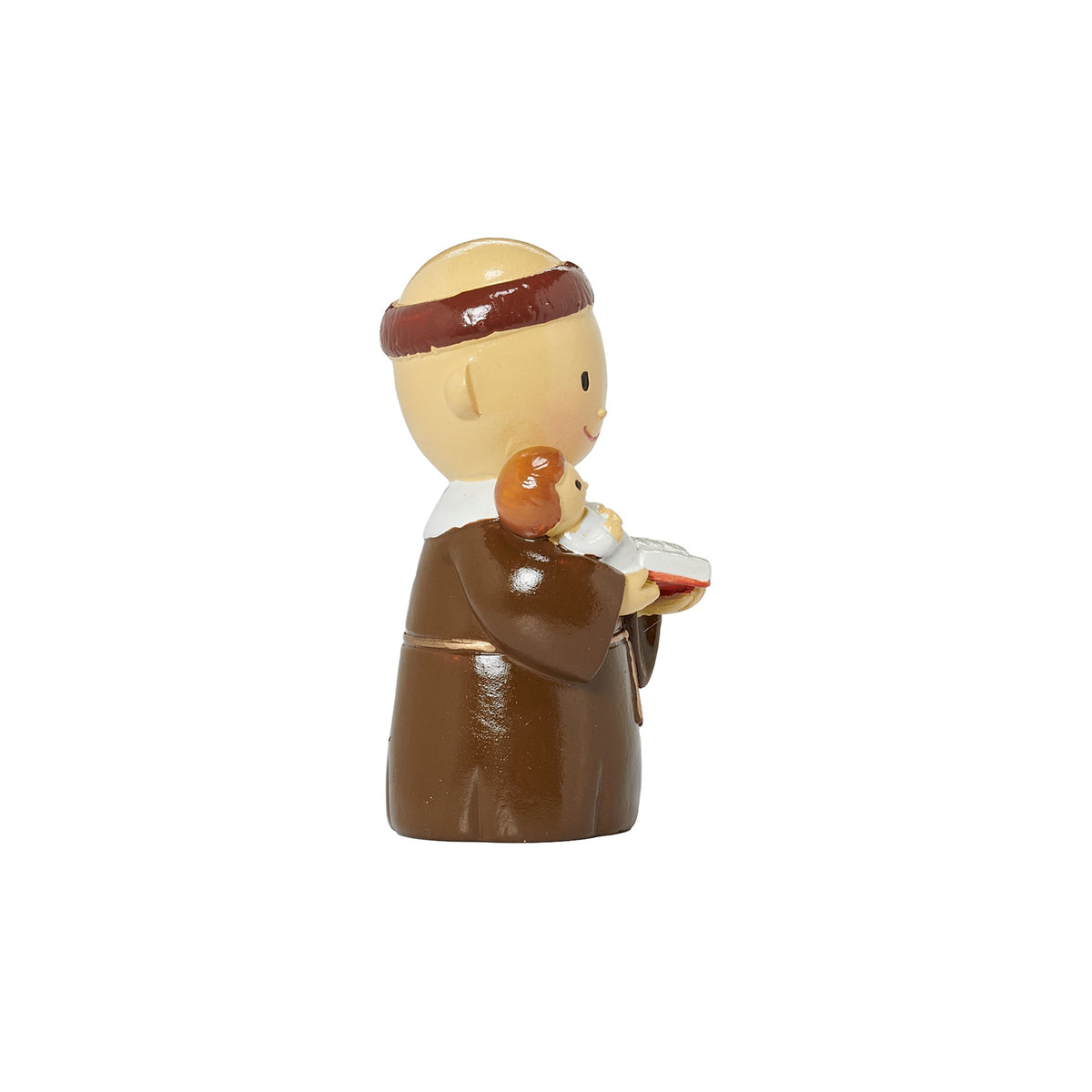 Side view of Little Patrons St. Anthony figure showing the saint holding the Christ Child and book