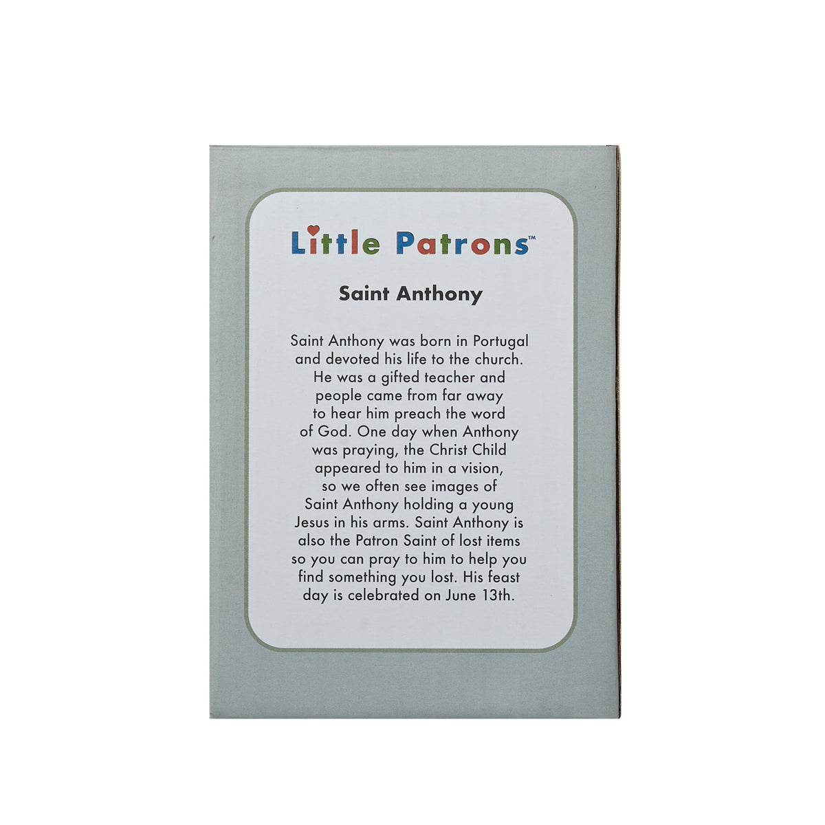 Back of St. Anthony Little Patrons packaging with devotional and product information