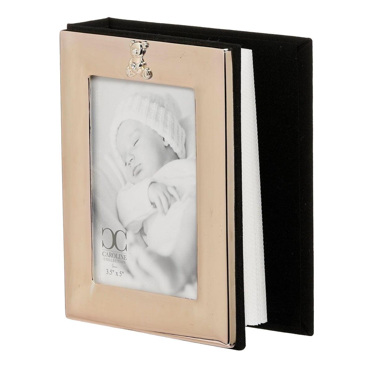 Front angled view of Caroline Collection Teddy Bear Accent Baby Photo Album showing the silver-tone cover, photo opening, and thick album pages