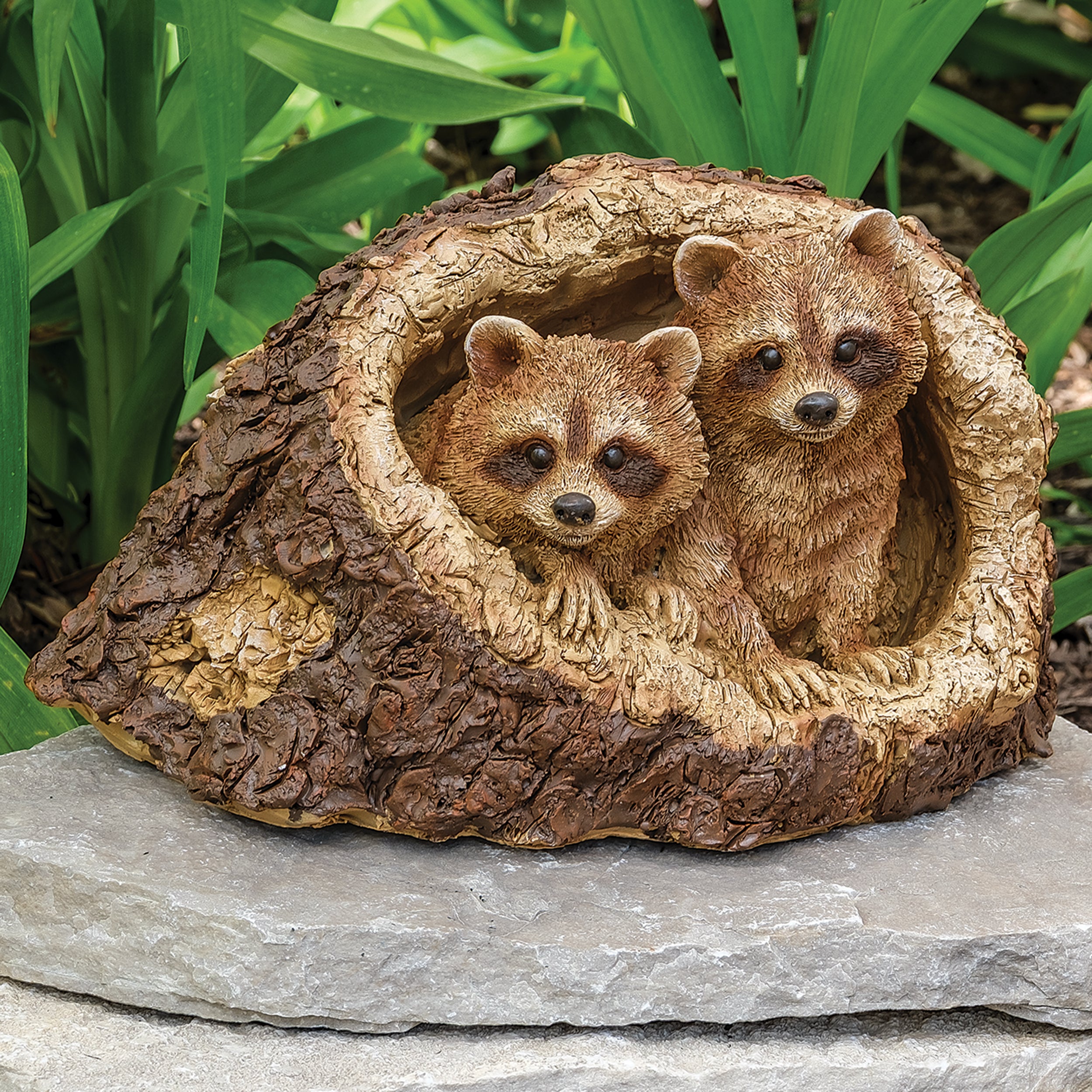 Raccoon Pair in Tree Trunk Garden Statue - Timber Tails Collection