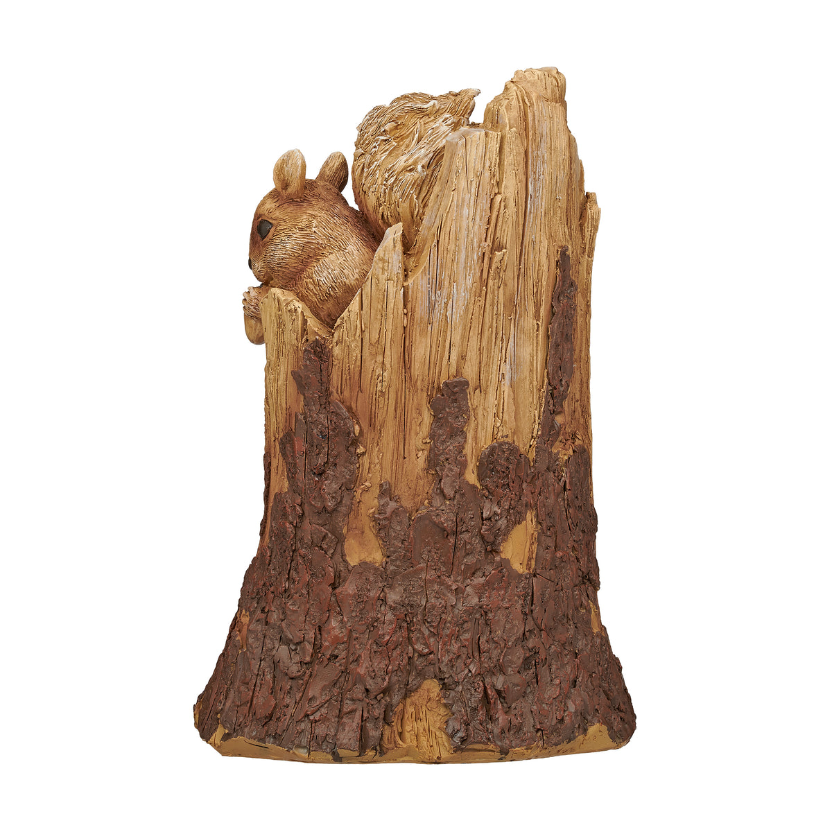 Back view of Squirrel in Tree Trunk Garden Statue showing the tall rustic stump and detailed wood-grain texture