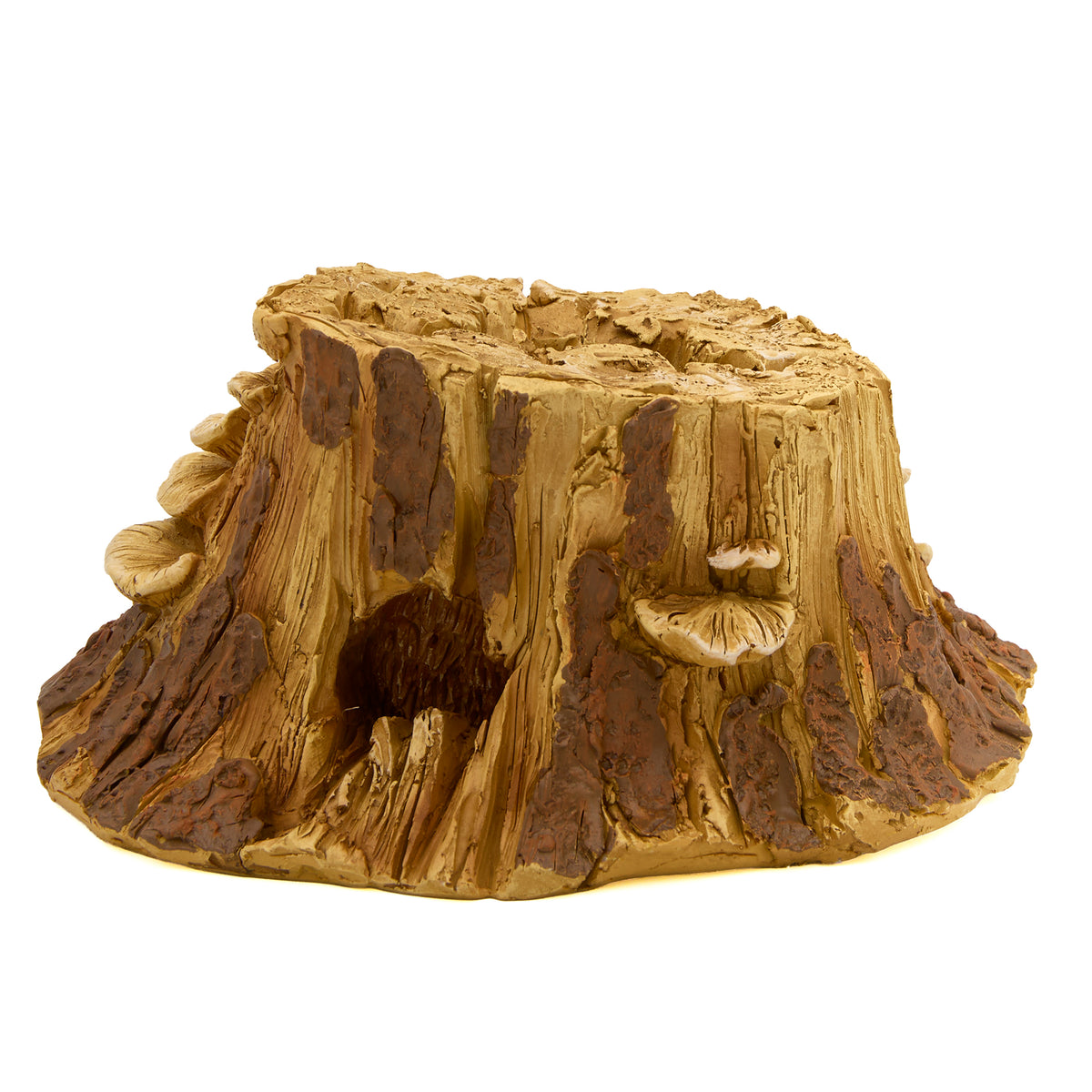 Back view of Hedgehog in Tree Stump Garden Statue showing the rustic wood-grain texture and sculpted tree stump design
