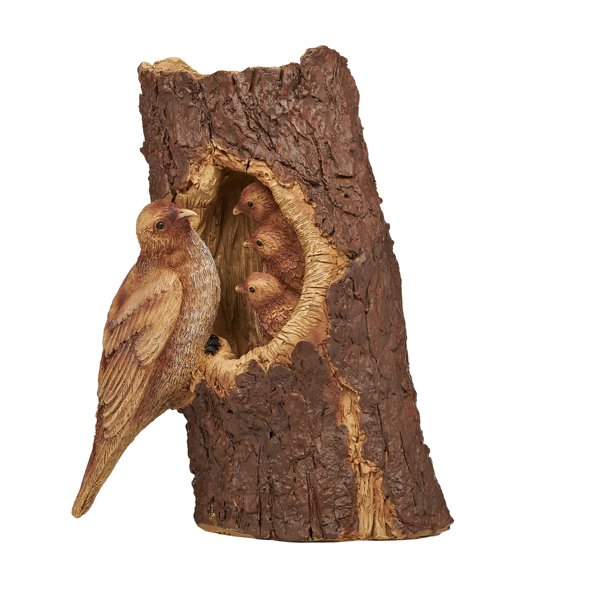 Front angled view of Mother Robin & Babies in Tree Trunk Garden Statue showing the mother bird beside the nestlings and textured bark